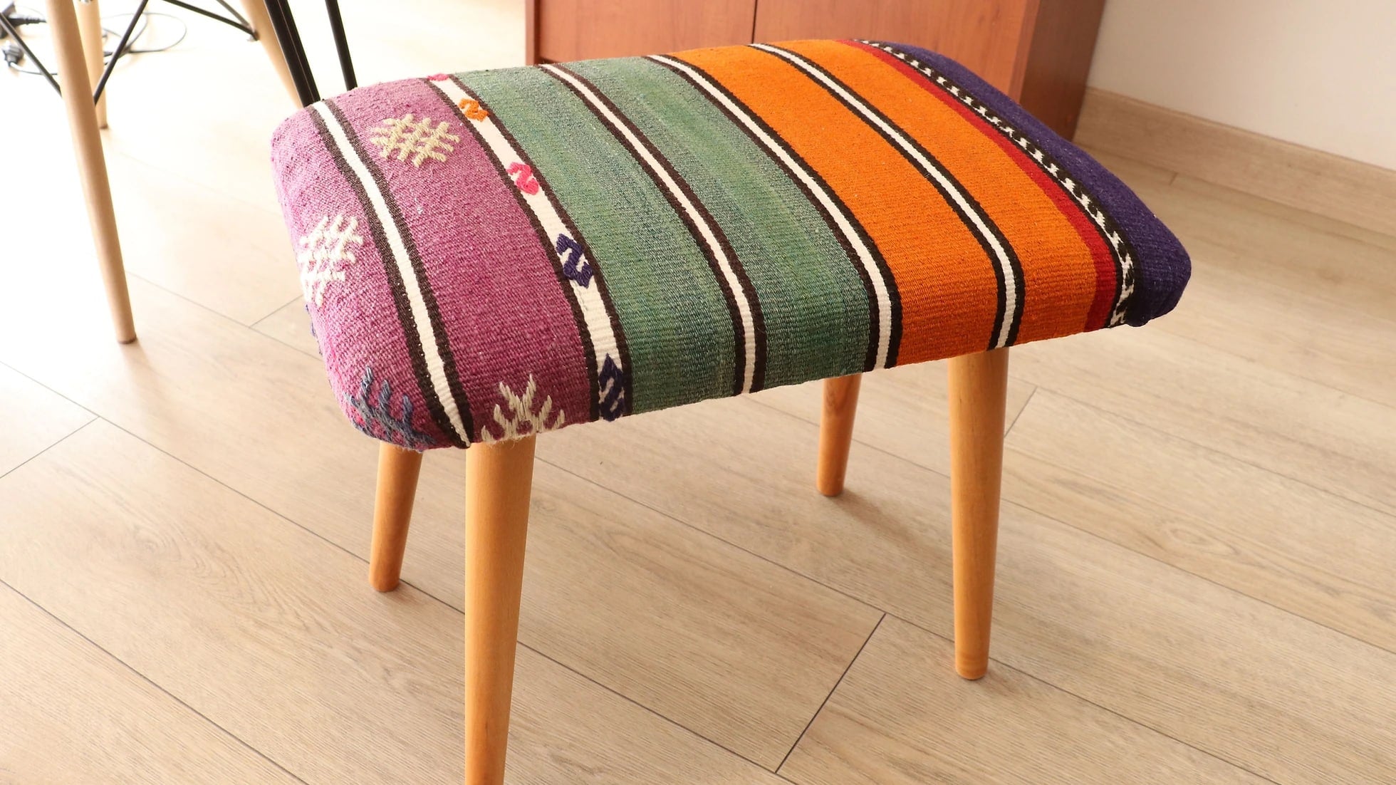boho colorful kilim upcycled vintage accent stool in tribal patterns