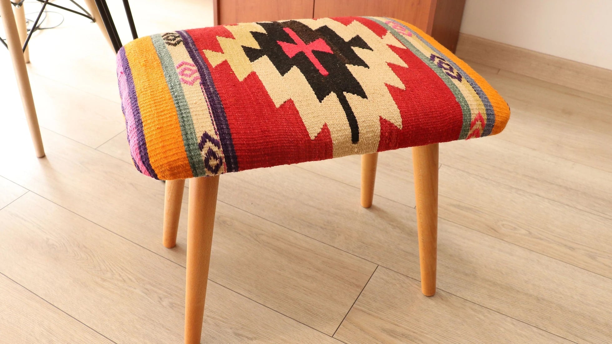 vintage boho handmade kilim upholstered stool with wooden legs