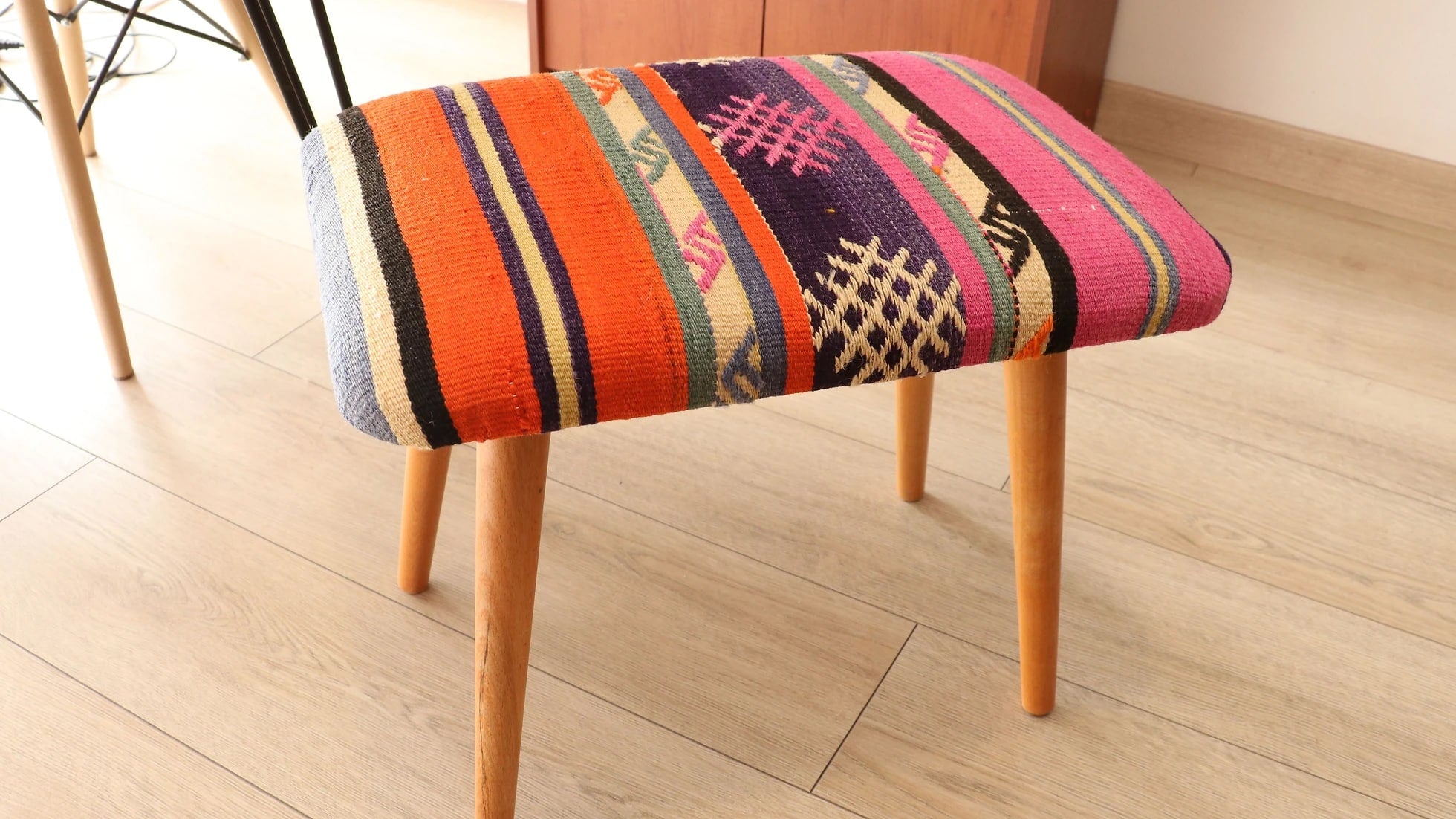 vintage stool furniture made of handwoven wool kilim