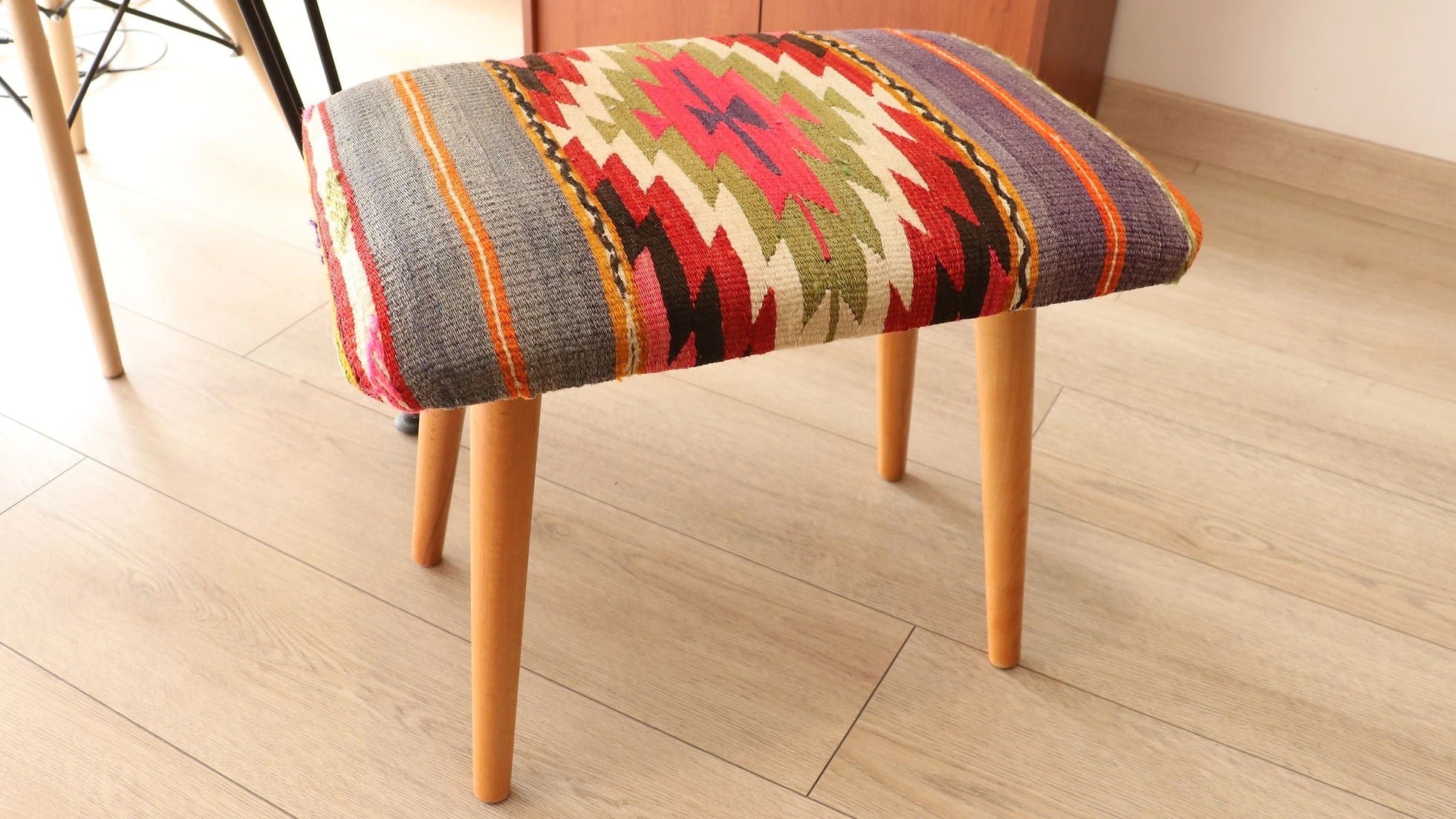 vintage handcrafted Turkish kilim covered ottoman stool