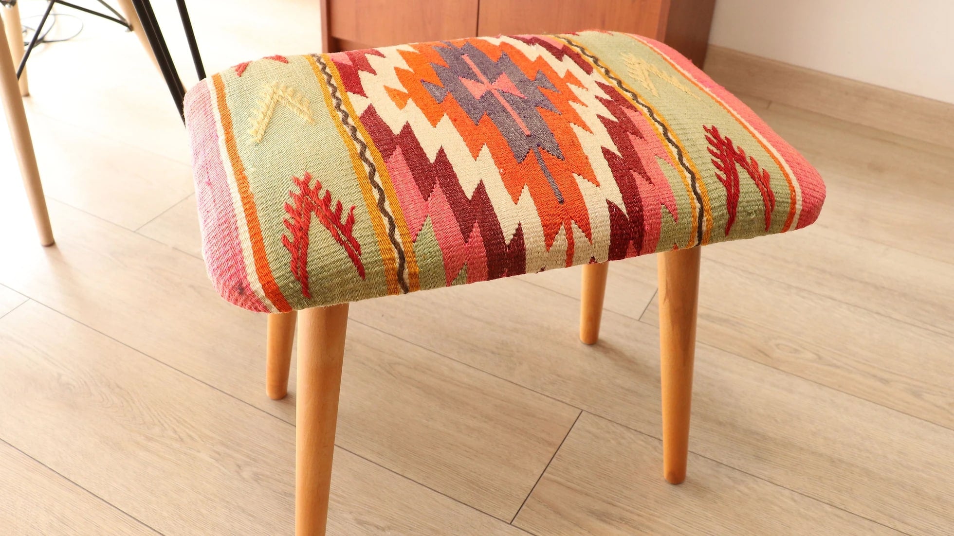 vintage kilim ottoman stool handcrafted by local women artisans from Turkey