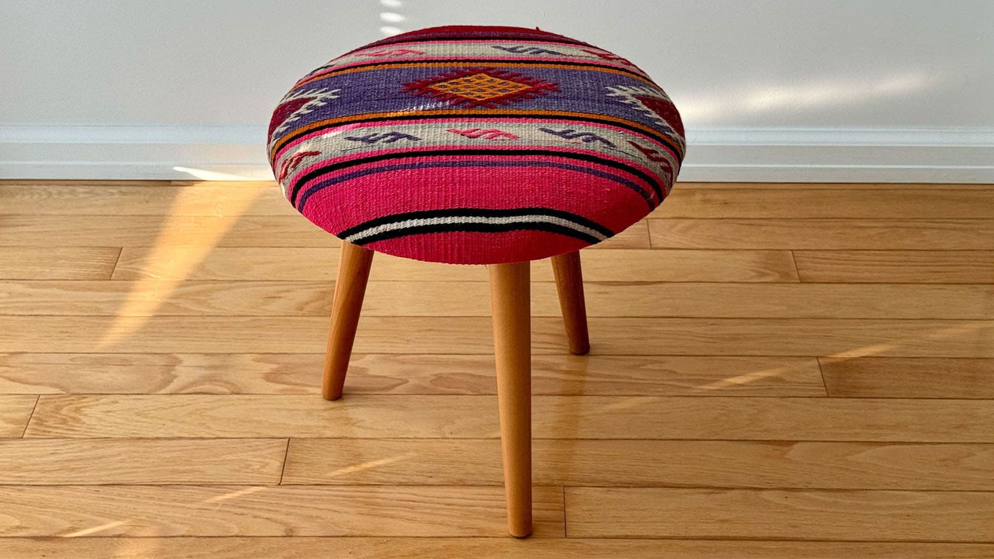 Kilim Upholstered Round MCM Stool in Pink, Purple, Cream and Red