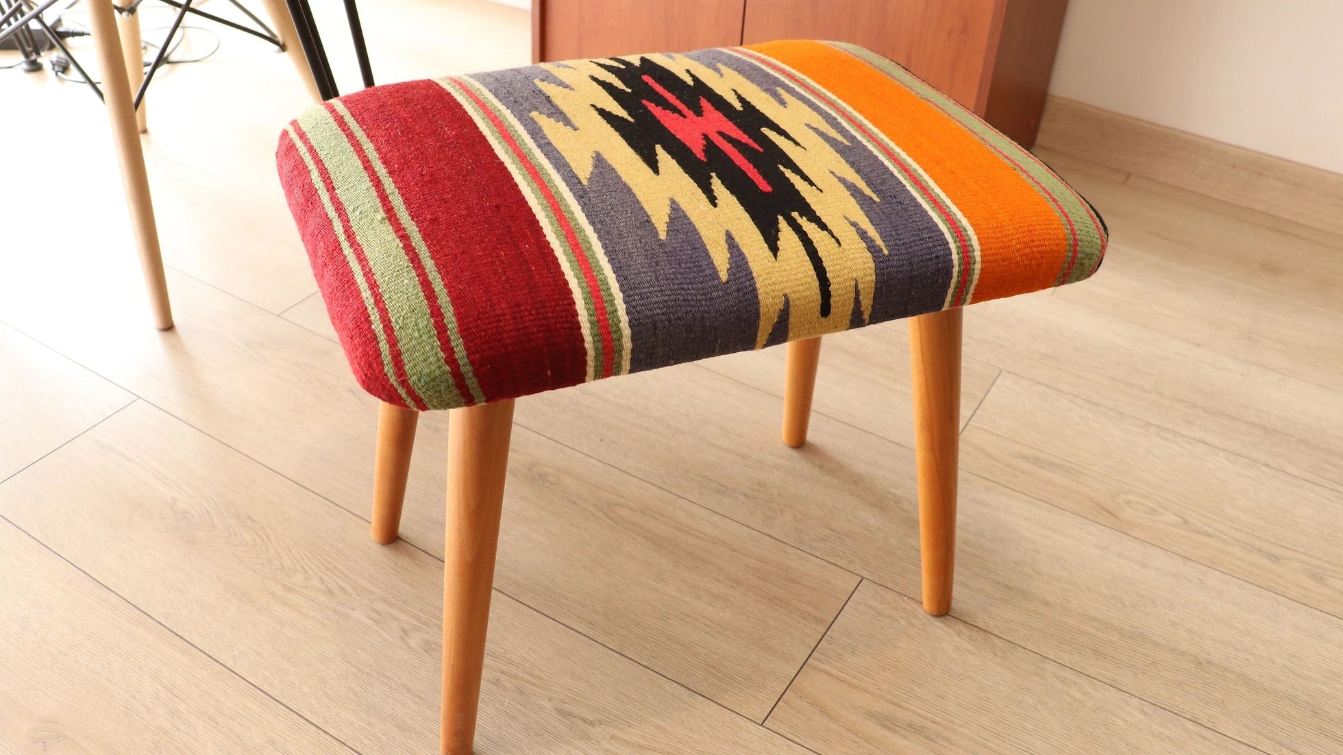 vintage handcrafted chair upholstered with Turkish kilim