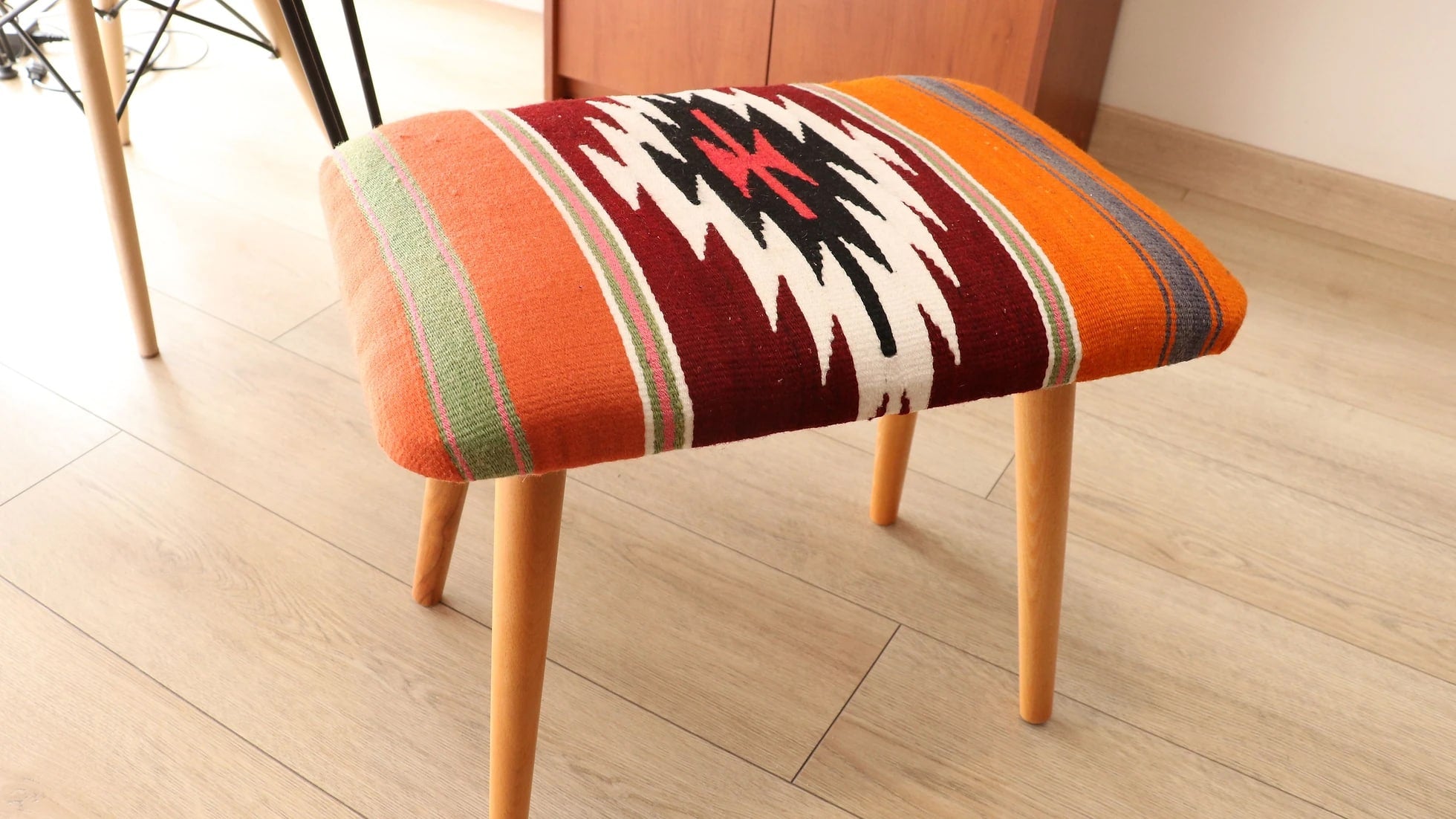 vintage handcrafted rectangular ottoman kilim bench in vibrant colors and traditional motifs