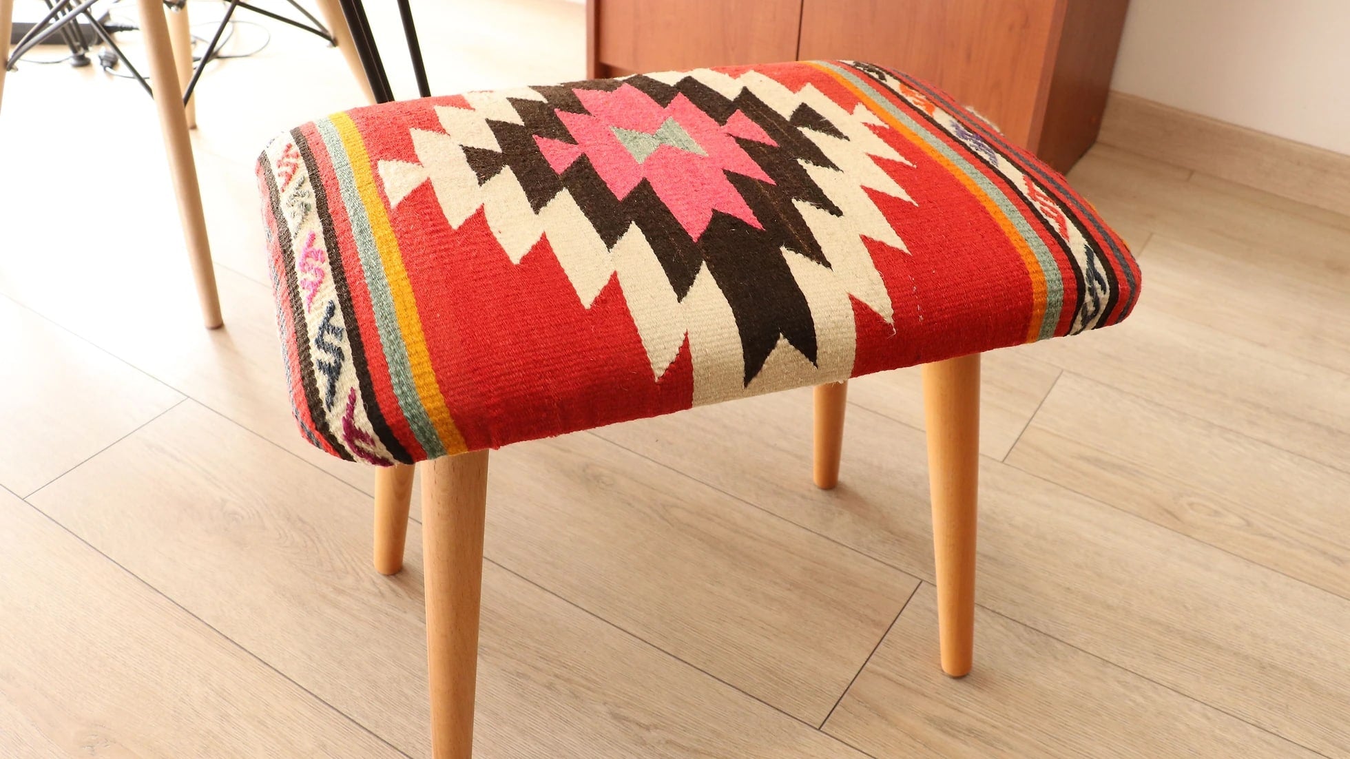 kilim ottoman stool handcrafted by turkish artisans sustainably