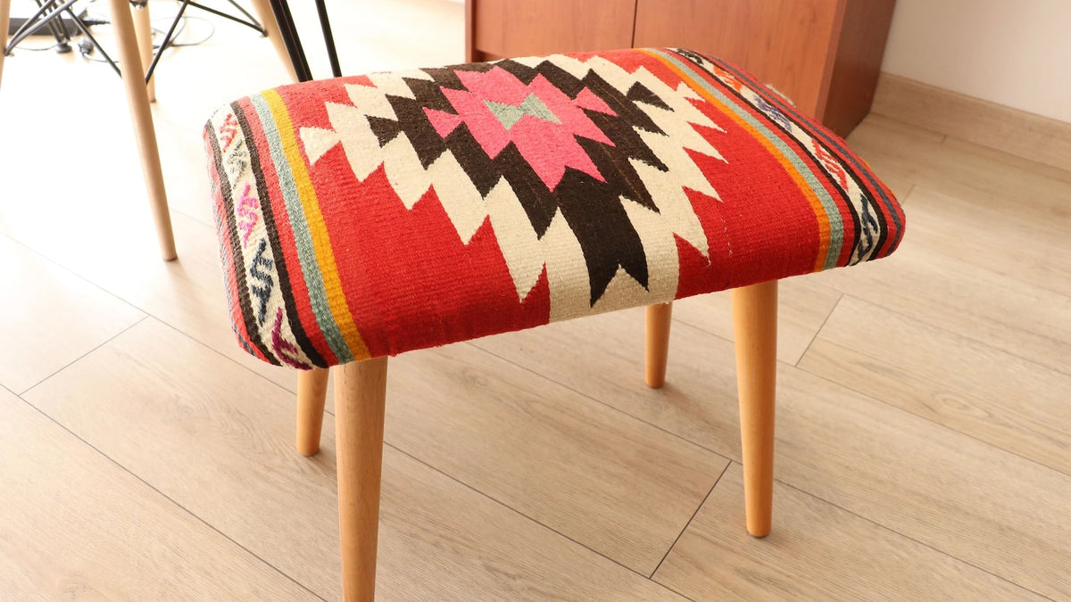 Upholstered Turkish Kilim Bench in Pink/Red/Cream