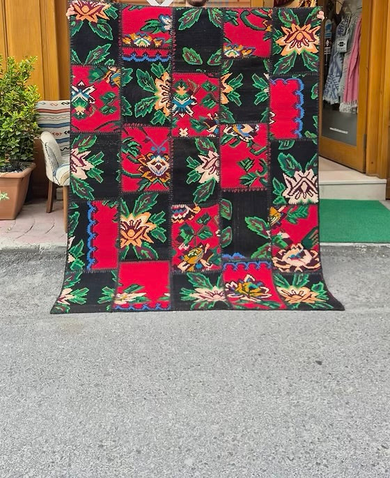 Semi-Antique Handwoven Bessarabian Rug | Patchwork Moldavian Floral Tapestry
