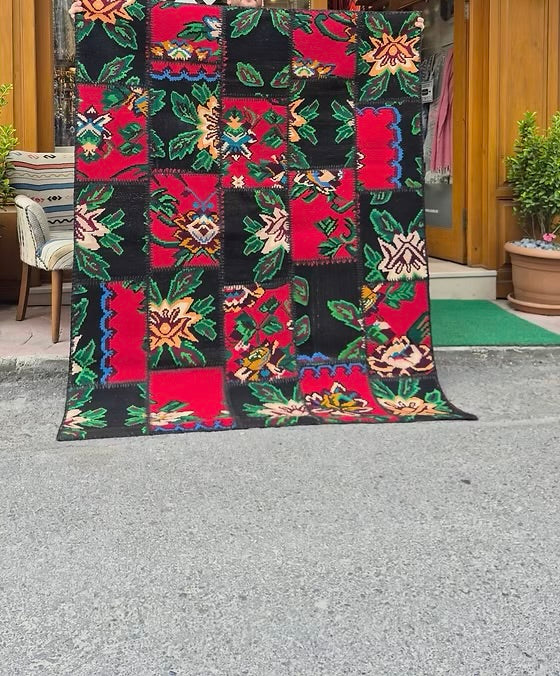 Semi-Antique Handwoven Bessarabian Rug | Patchwork Moldavian Floral Tapestry