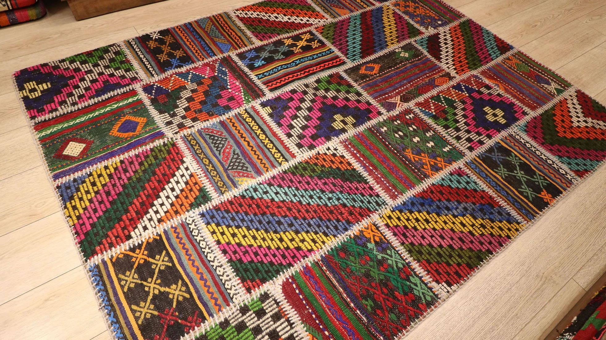 Mid-Century Modern Colorful Patchwork Flat-Woven Rug