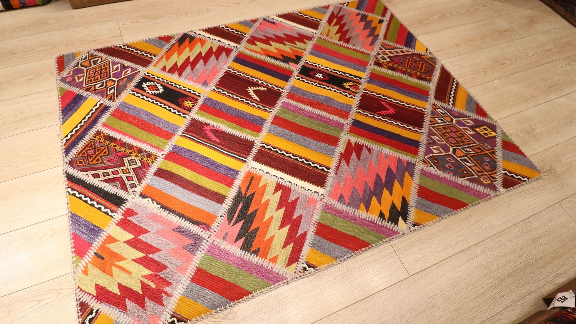 Mid-Century Modern Patchwork Kilim Rug in Polychromatic Geometric Patterns