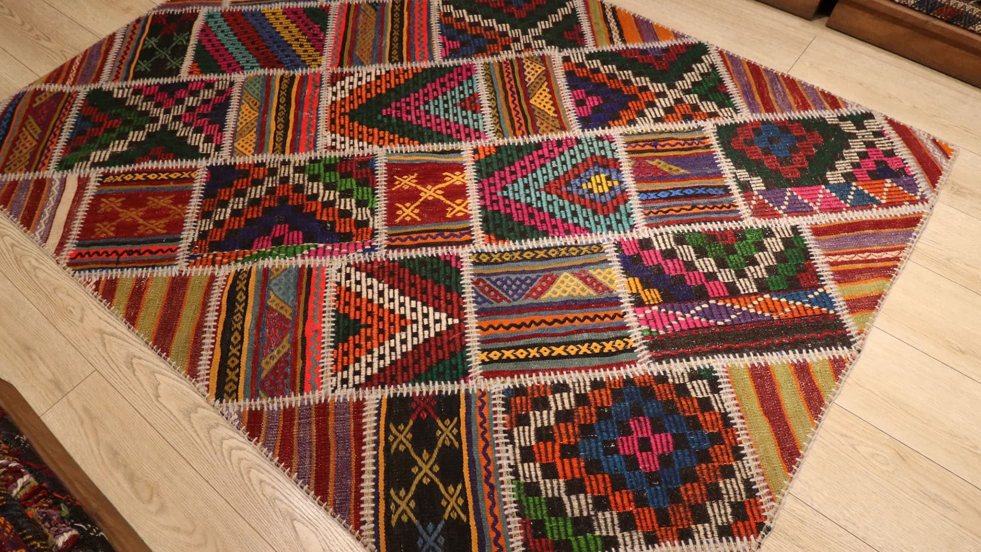 Patchwork Turkish Geometric Rug in Pink, Blue, Red, Green, Khaki, White Patterns