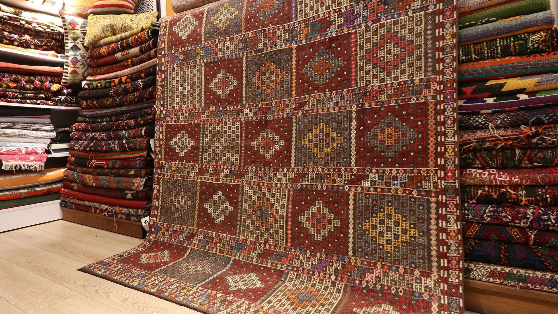 Oriental Mid-Century Turkish Rug in Diamond and Square Patterns