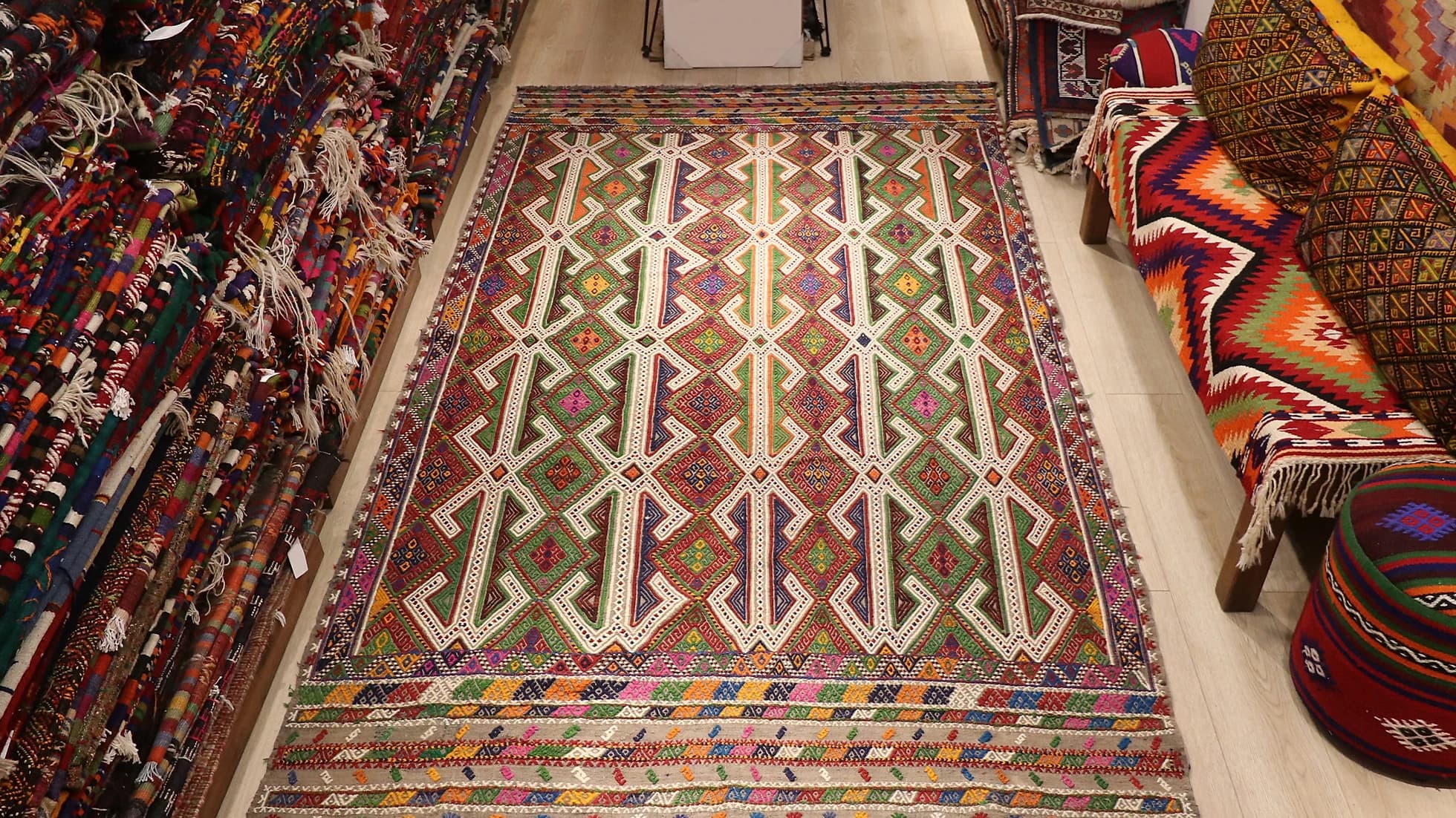 vintage bohemian hand-knotted turkish wool rug in multicolors