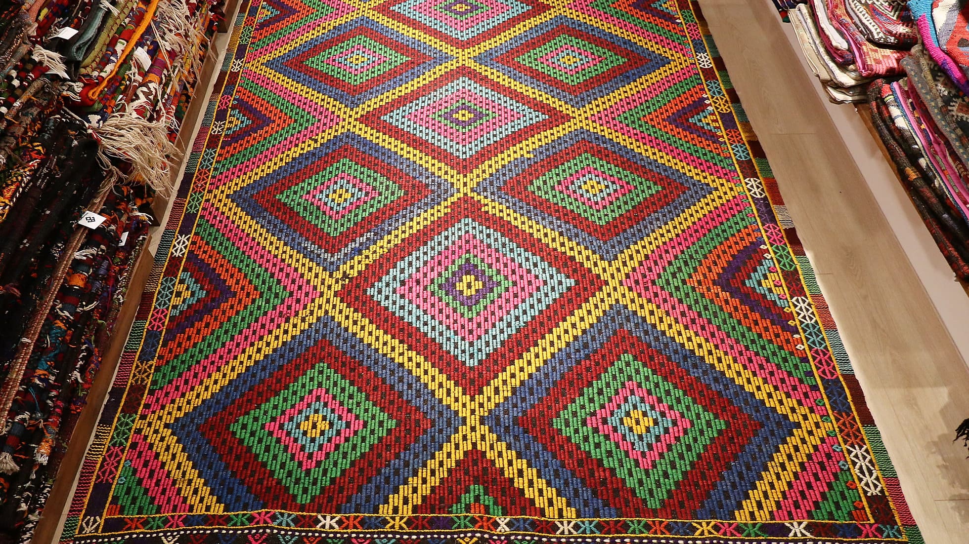 Multicolored vintage Cecim Kilim Rug with tribal embroidery