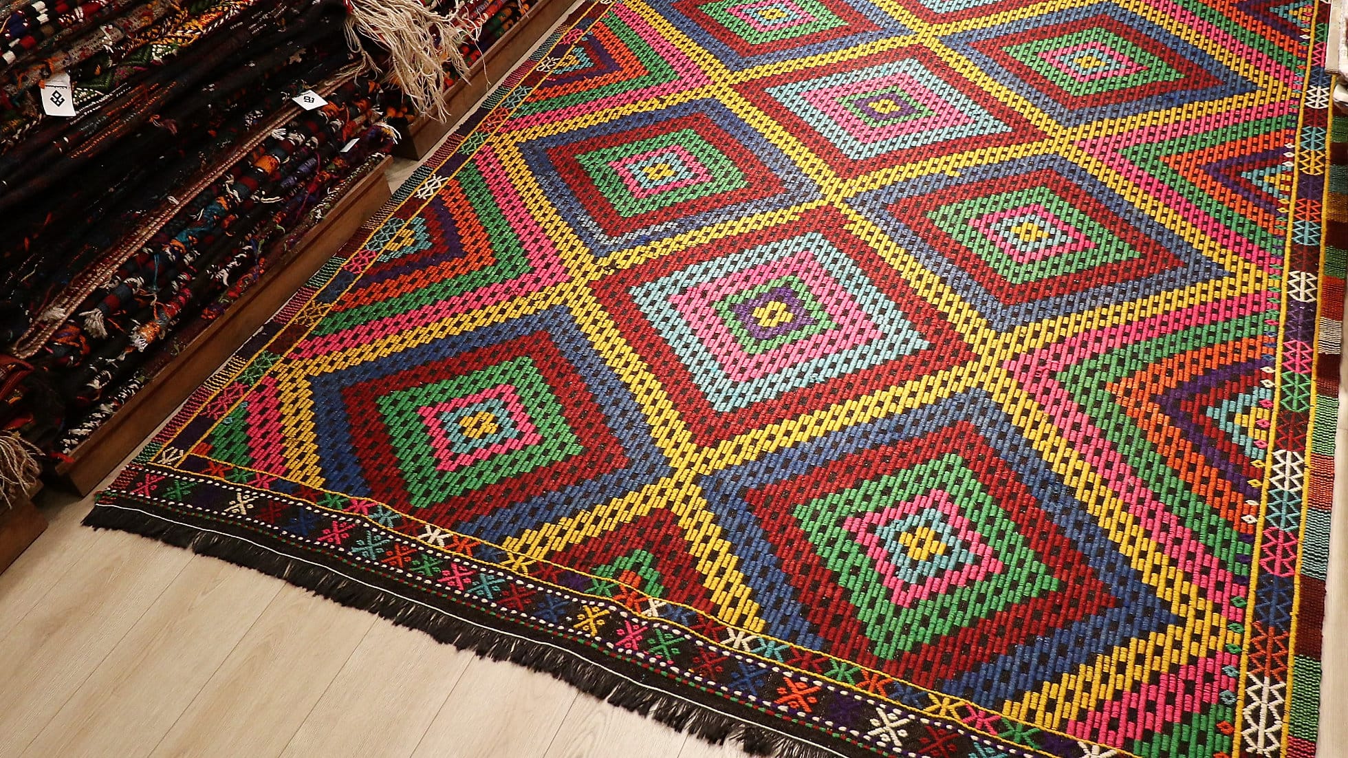 Multicolored vintage Cecim Kilim Rug with tribal embroidery
