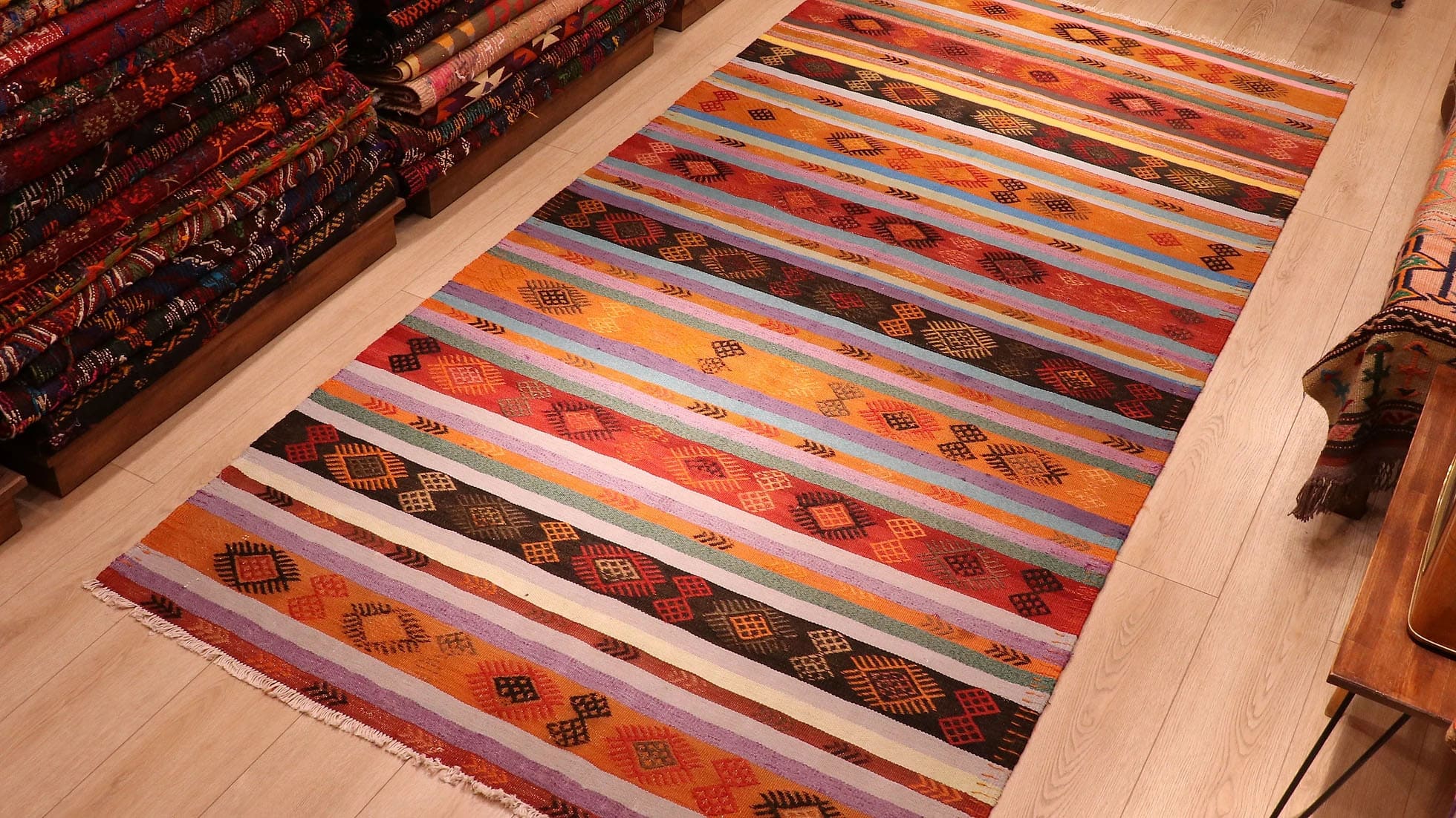Vintage Bohemian Flat-Weave Rug in Pastel Stripes by Kilim Couture NYC