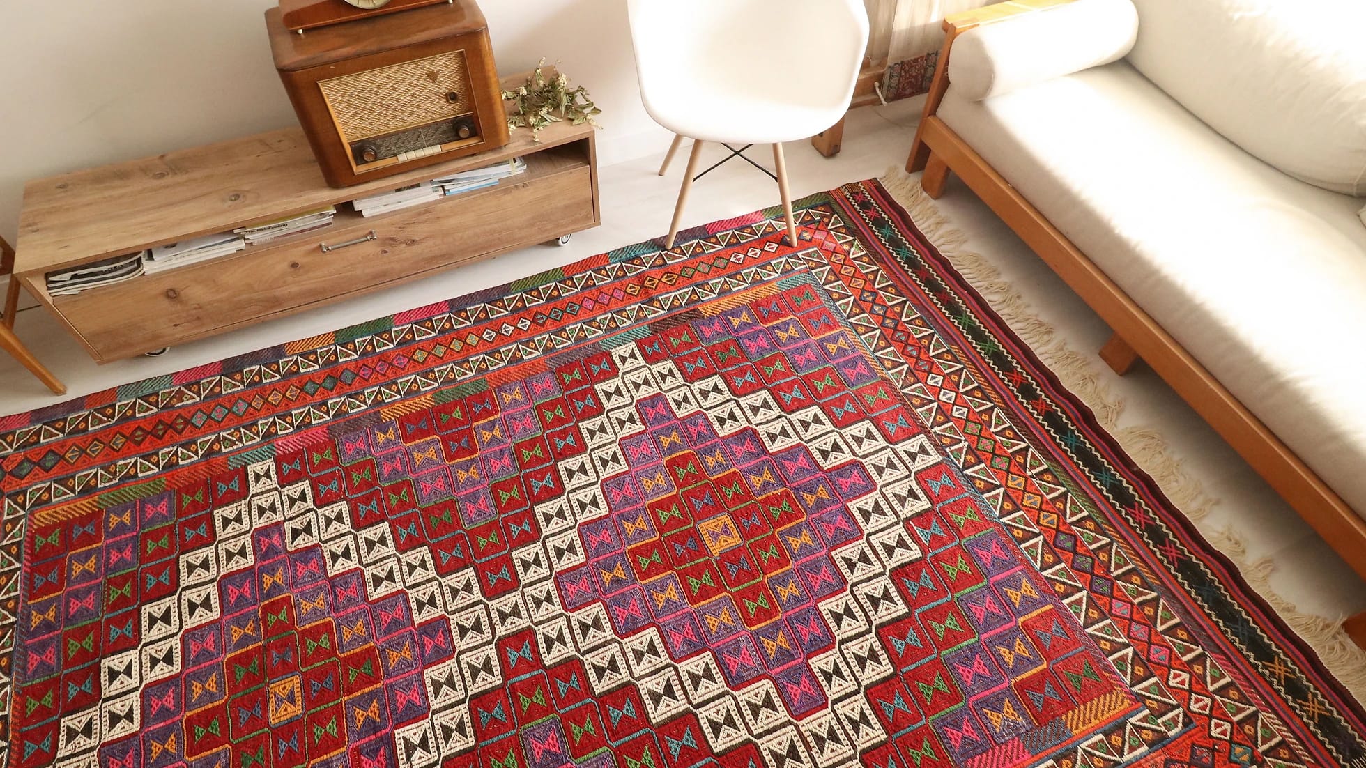 Vintage Cecim Kilim Rug in vibrant colors such as red, purple and pink