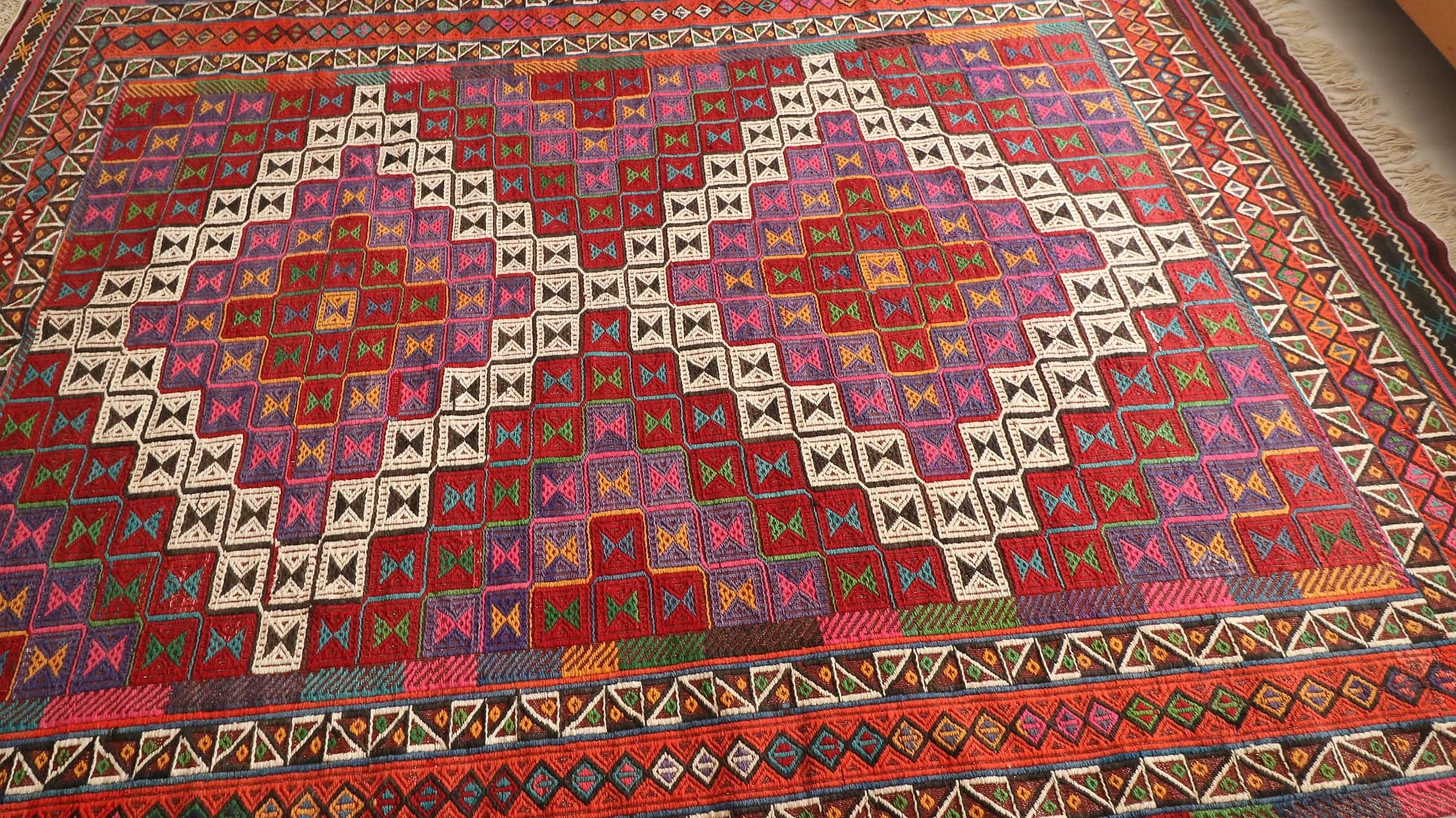 Vintage Cecim Kilim Rug in vibrant colors such as red, purple and pink