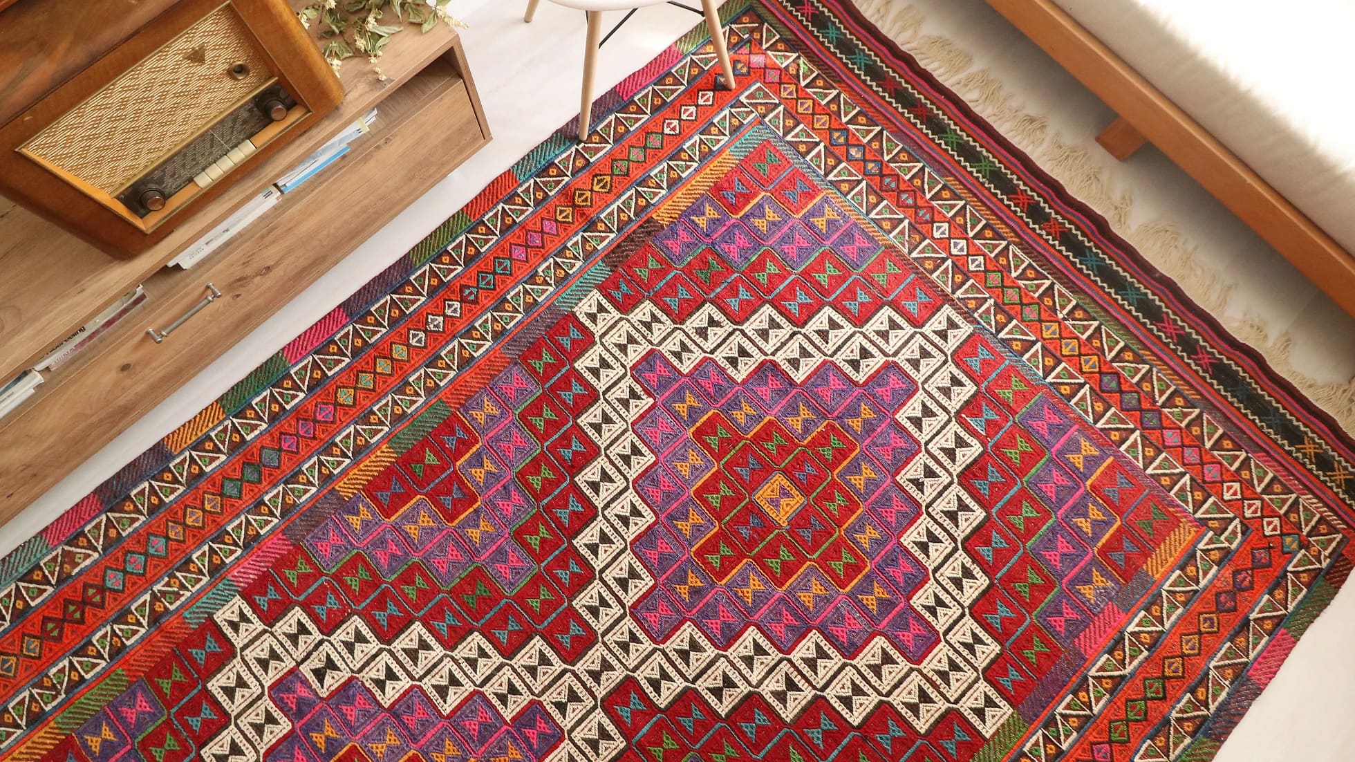 Vintage Cecim Kilim Rug in vibrant colors such as red, purple and pink