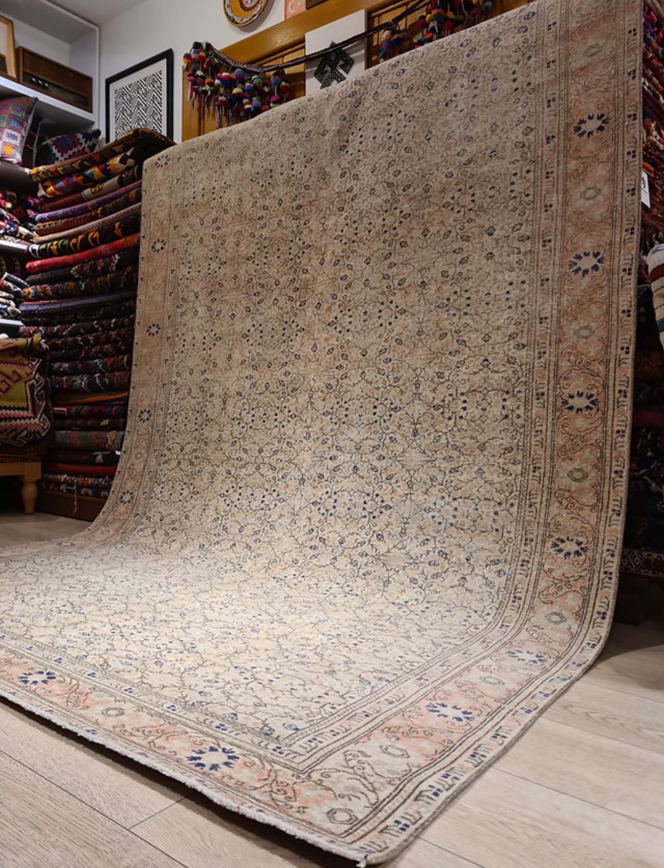 gallery size famous Bunyan oriental rug in beige and ivory with floral motifs and patterns from Turkey