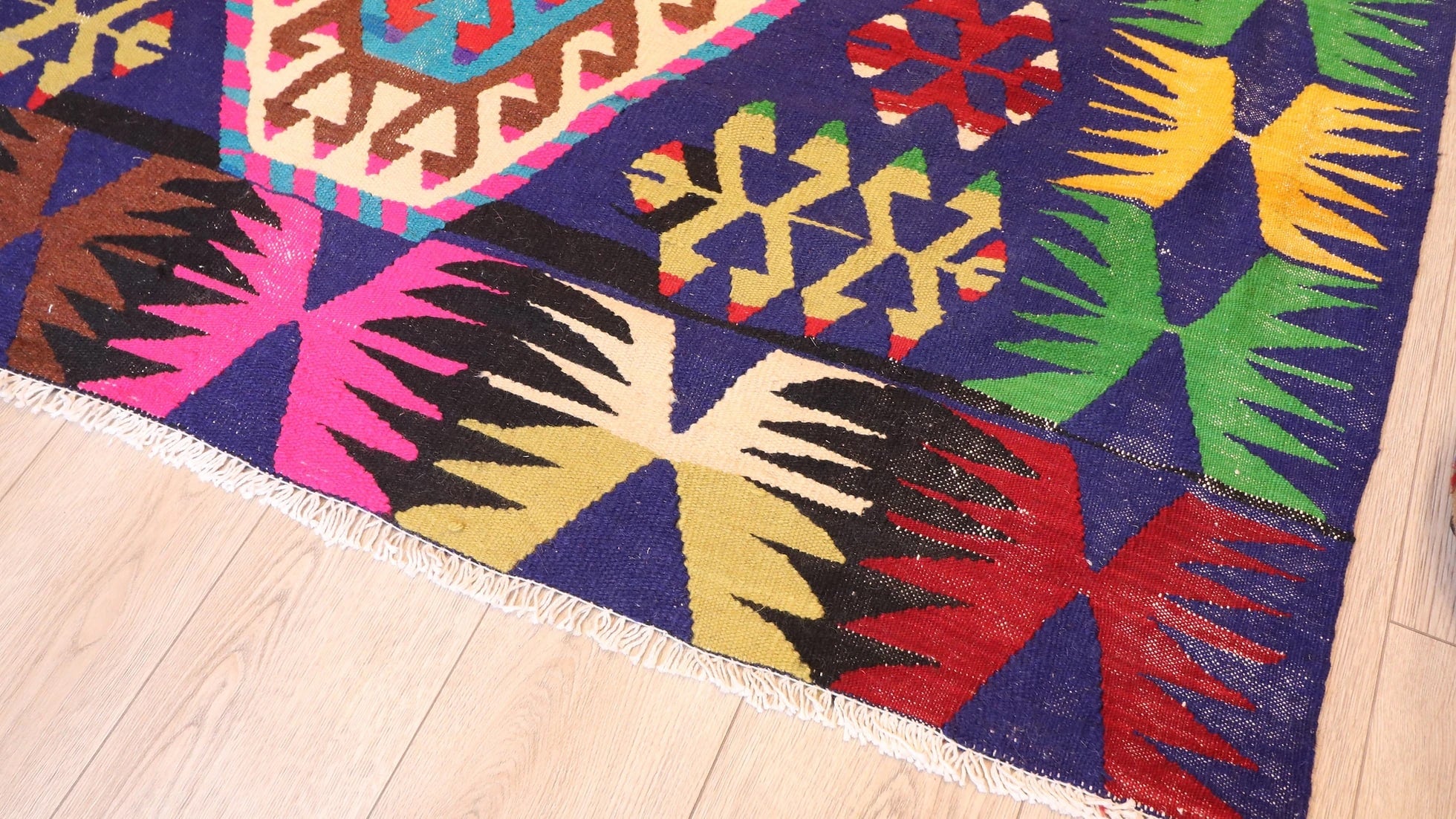 vintage handwoven cal denizli kilim rug with multicolored geometric patterns and distinctive motifs