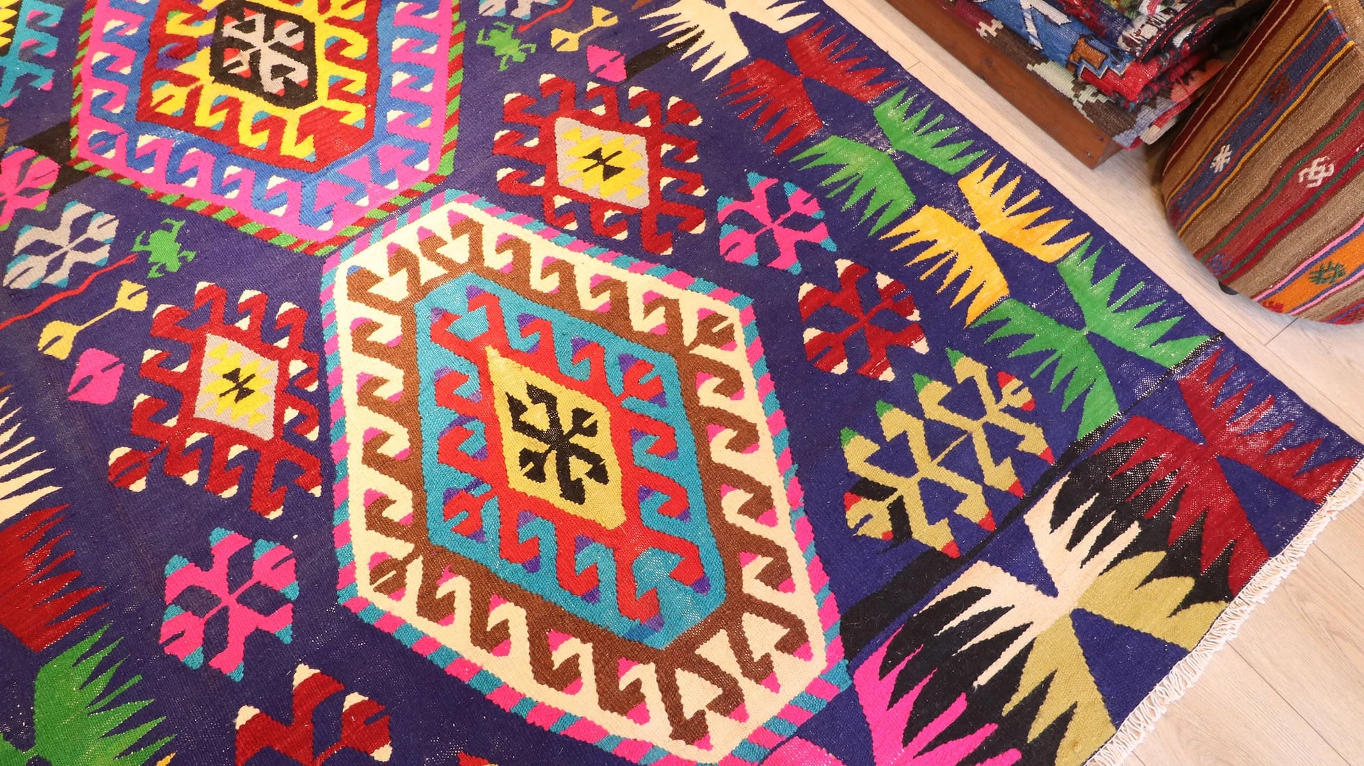 vintage handwoven cal denizli kilim rug with multicolored geometric patterns and distinctive motifs