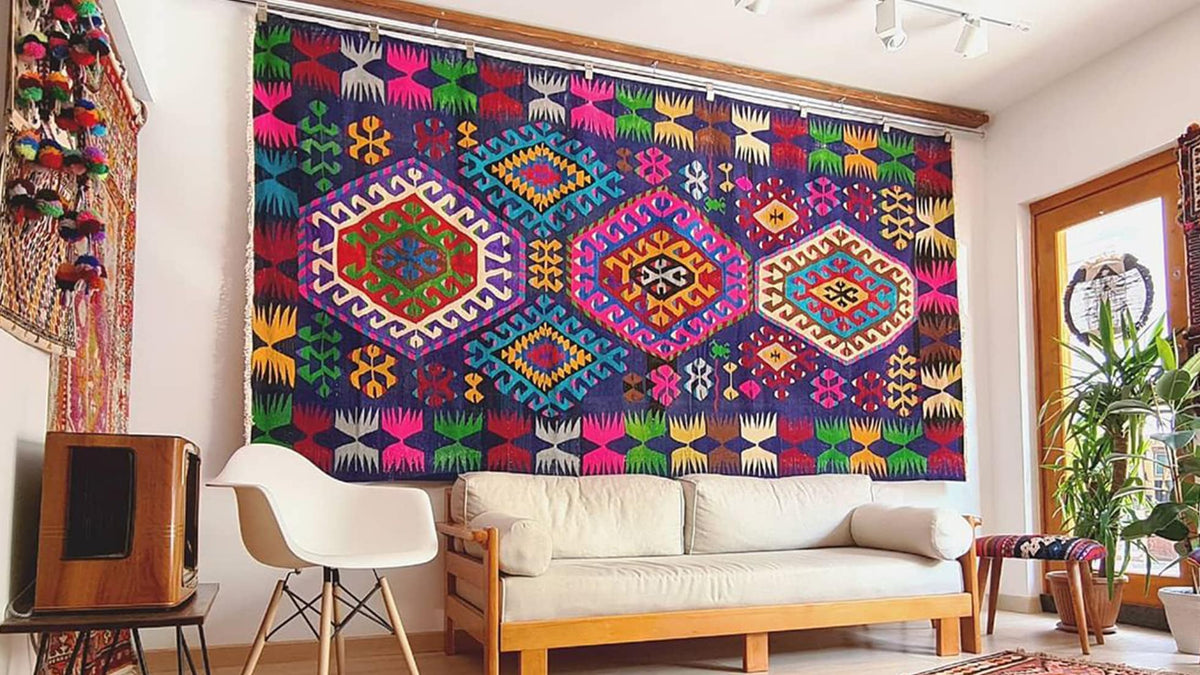 Vintage Turkish Handwoven Multicolored Boho Kilim Rug 1940s