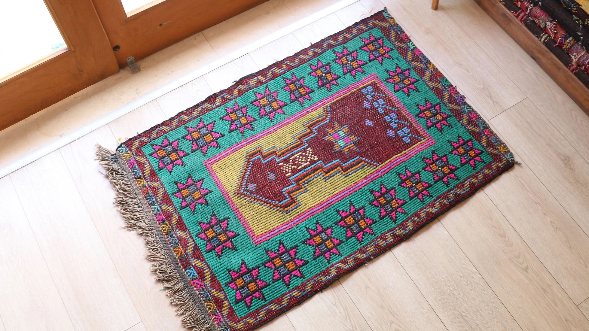 vintage islamic small prayer religious kilim rug in blue, red, pink and yellow
