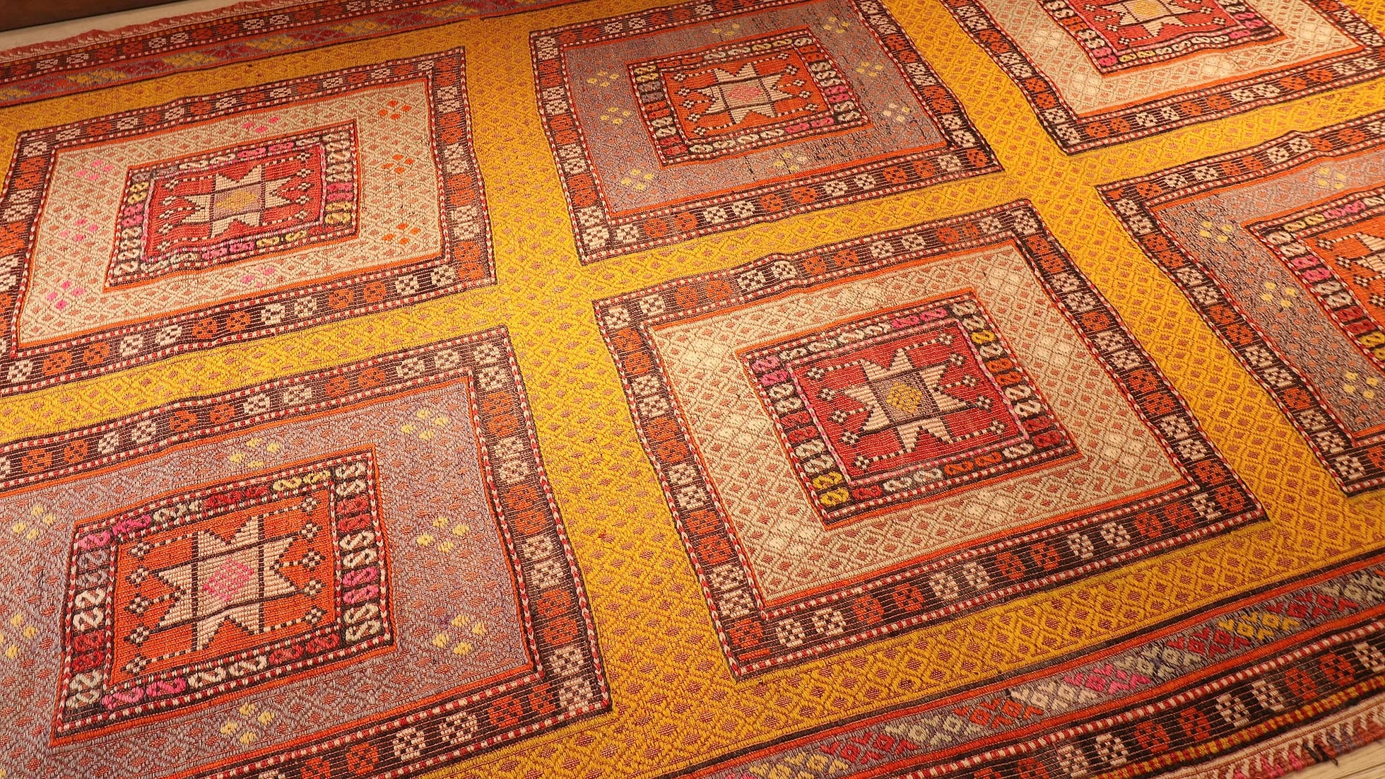 Embroidered Semi-Antique Mid-Century Fethiye Cecim Rug in Saffron in detail