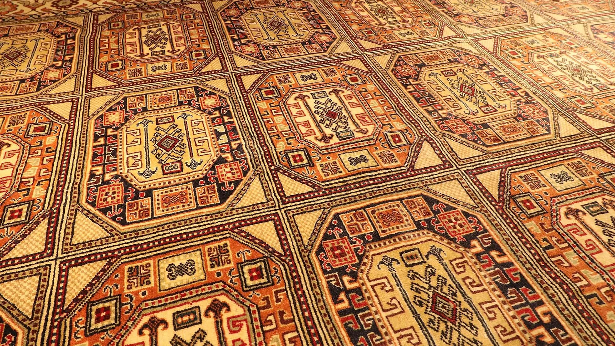 zoomed vintage Turkish handmade Kayseri Carpet in beige and brown with floral patterns
