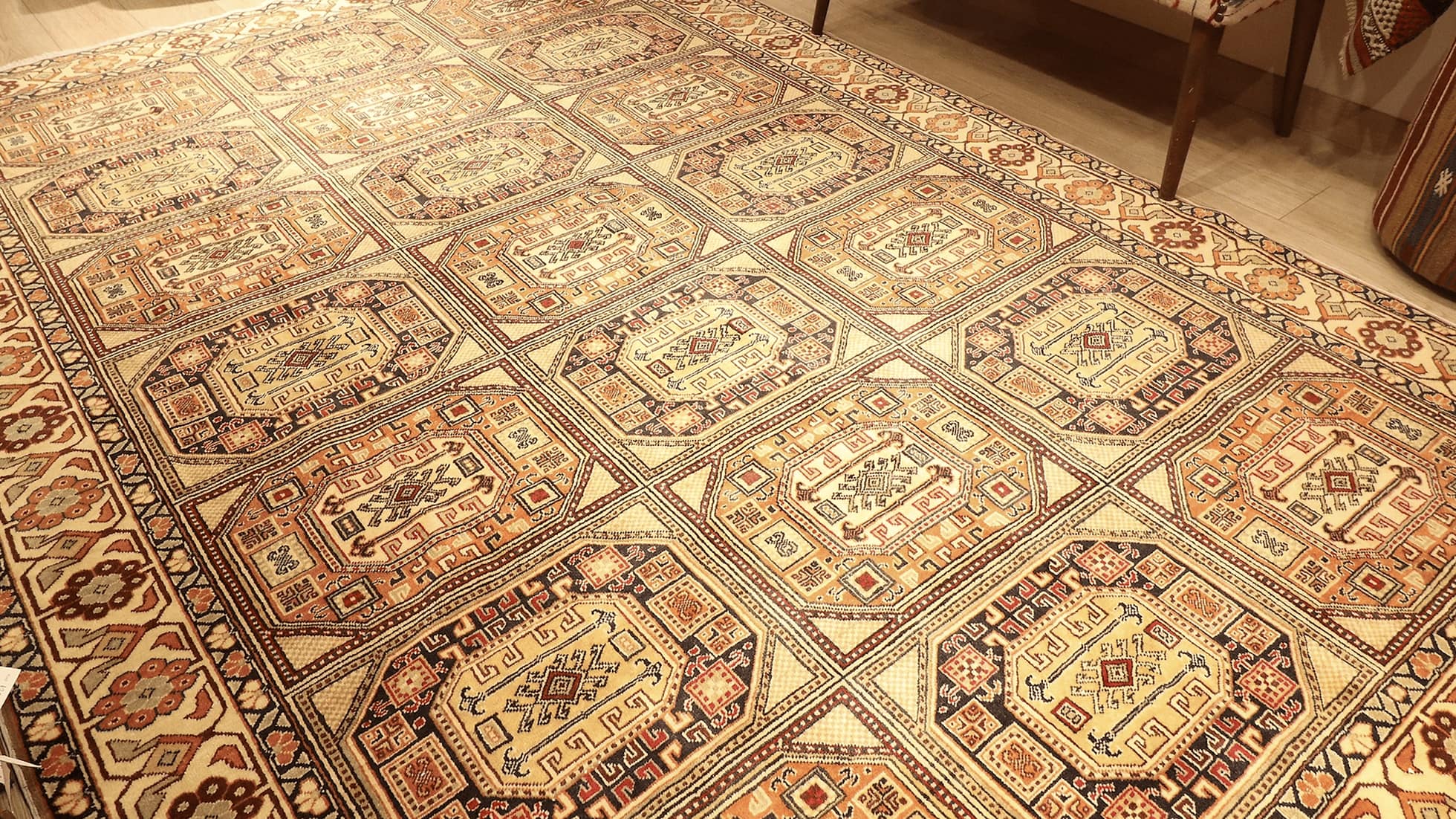 vintage Turkish handmade Kayseri Carpet in beige and brown with floral patterns