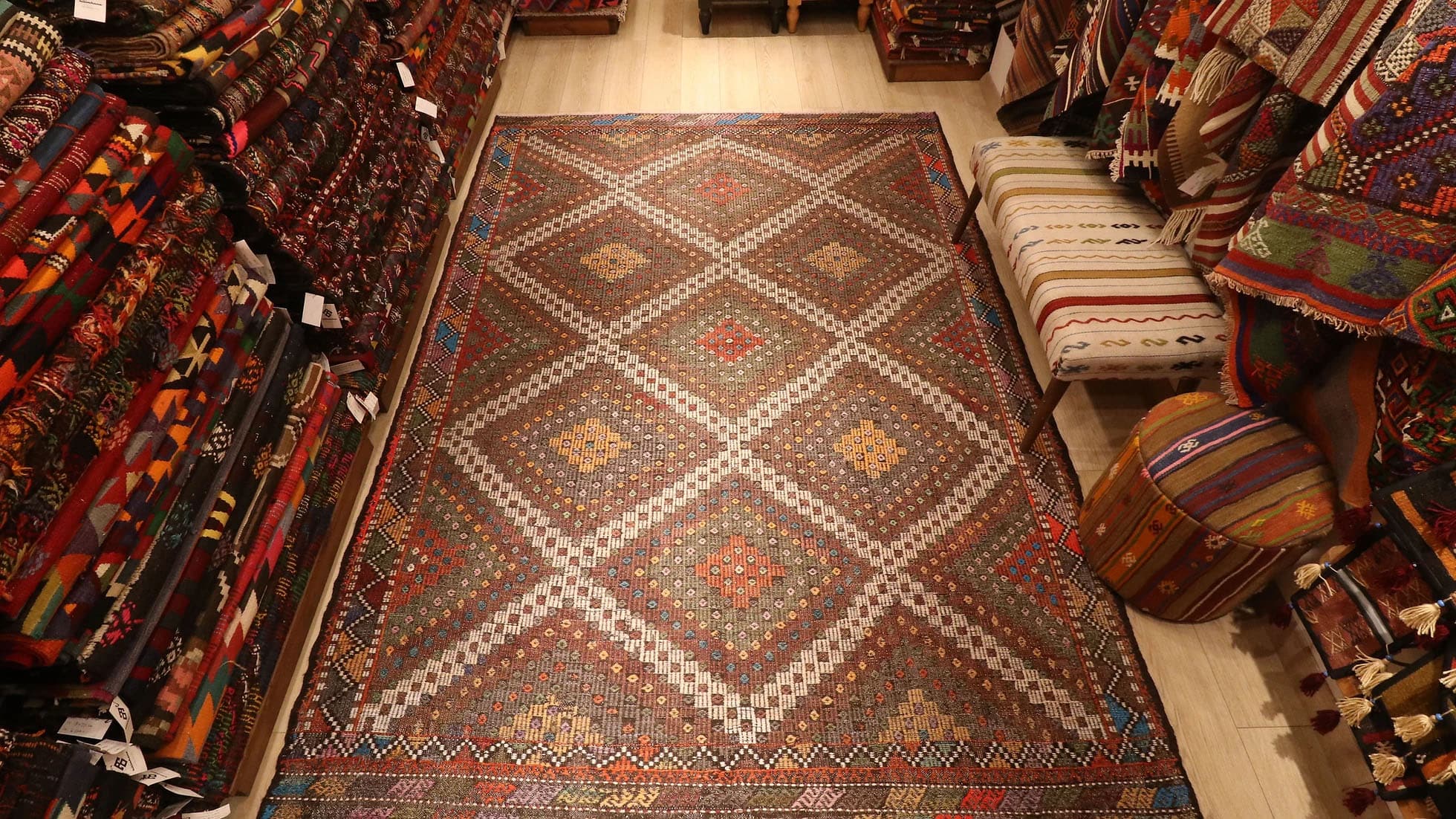 contemporary and traditional Kurdish cecim kelim rug in lozenges in modern rustic hues