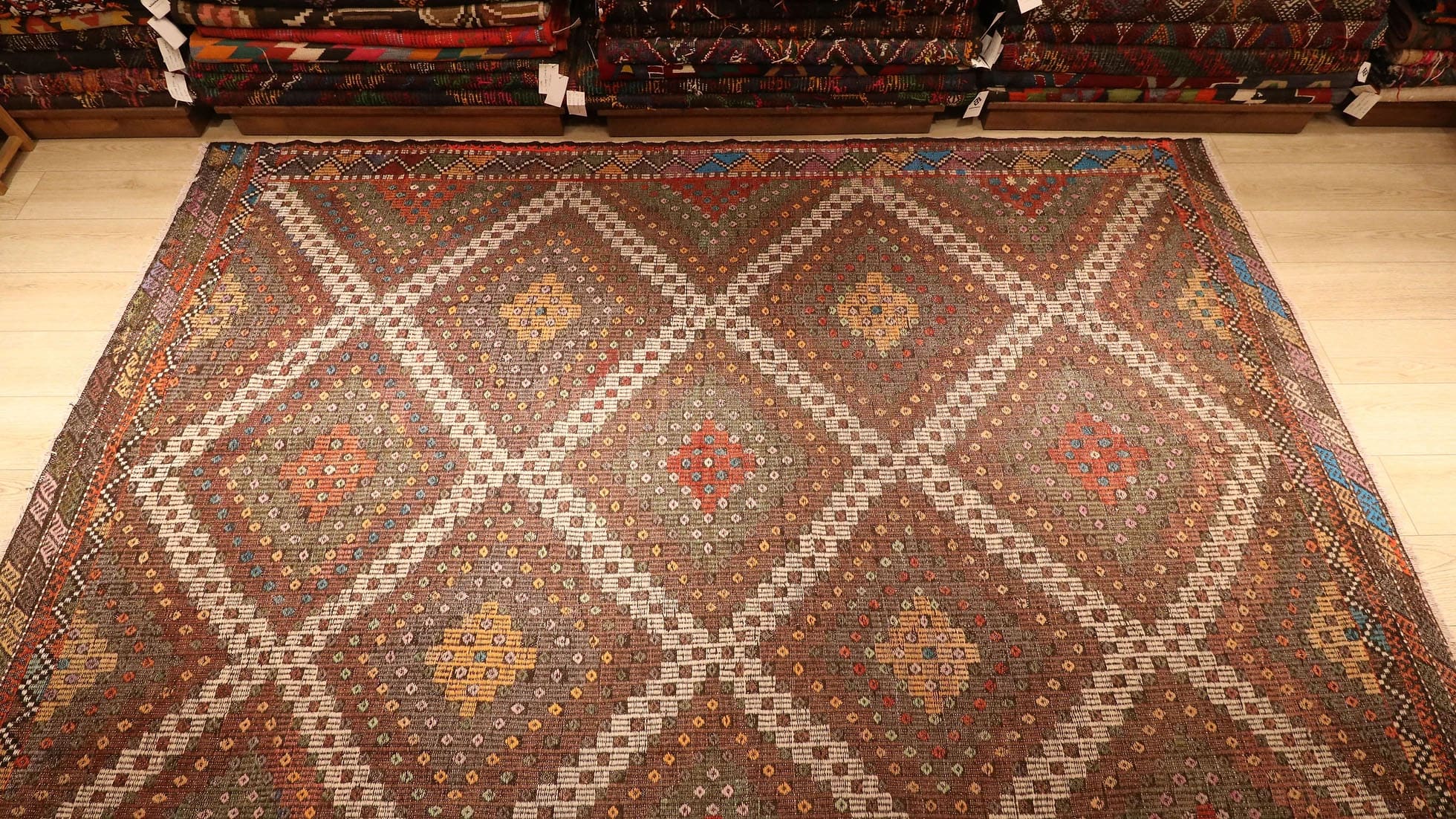 contemporary and traditional Kurdish cecim kelim rug in lozenges in modern rustic hues