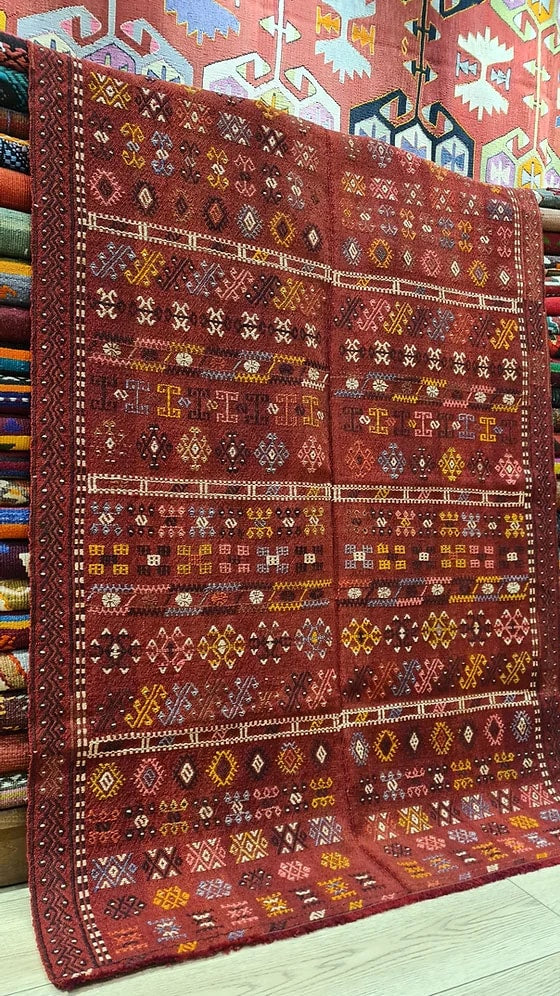 1960s Moroccan Handwoven Rug, 3x5 ft, featuring tribal geometric patterns in muted colors, available at Kilim Couture New York for design professionals.