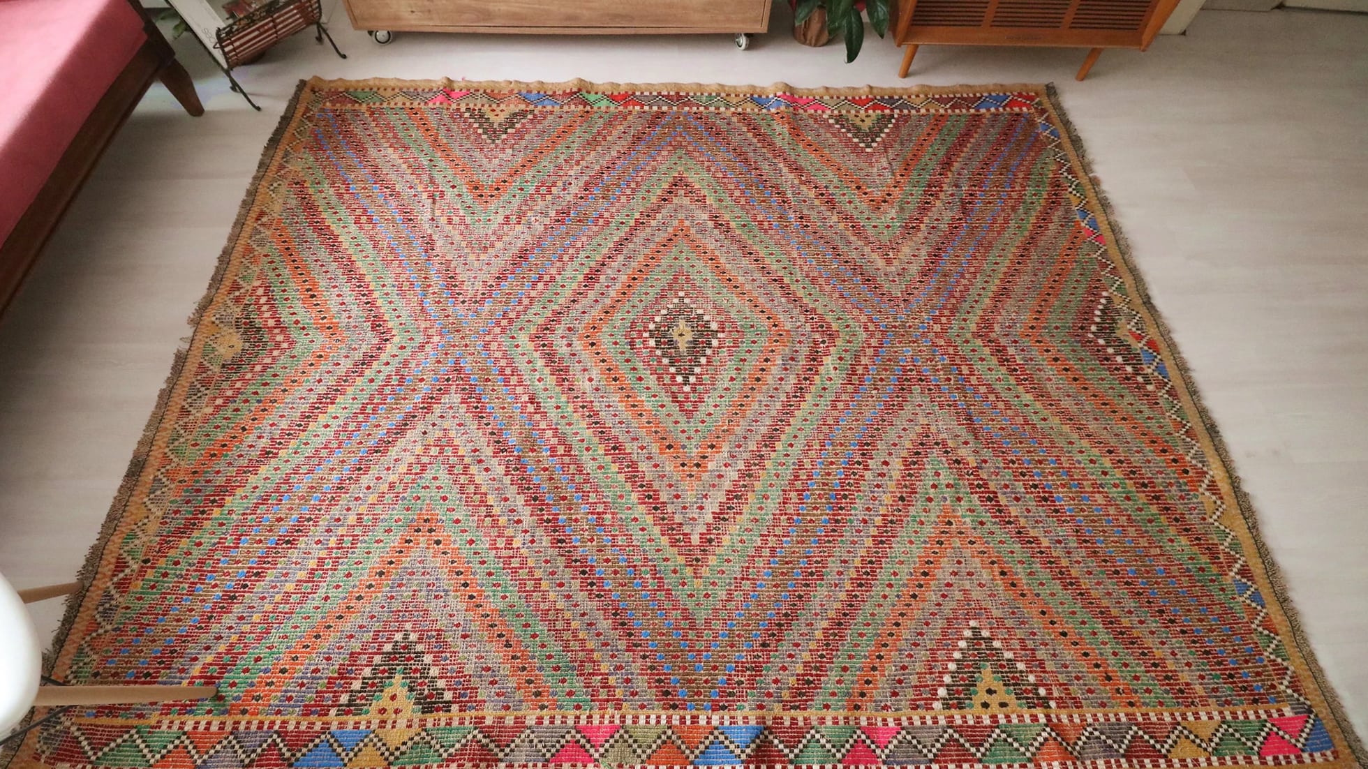 muted hand-knotted vintage Soumak Turkish Kilim Rug in earthy tones