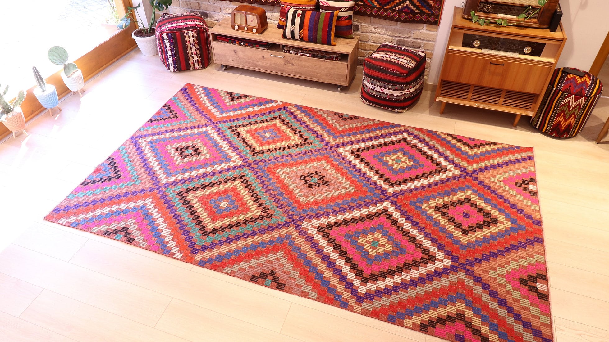 Vintage tribal Kilim rug in pink, blue, purple