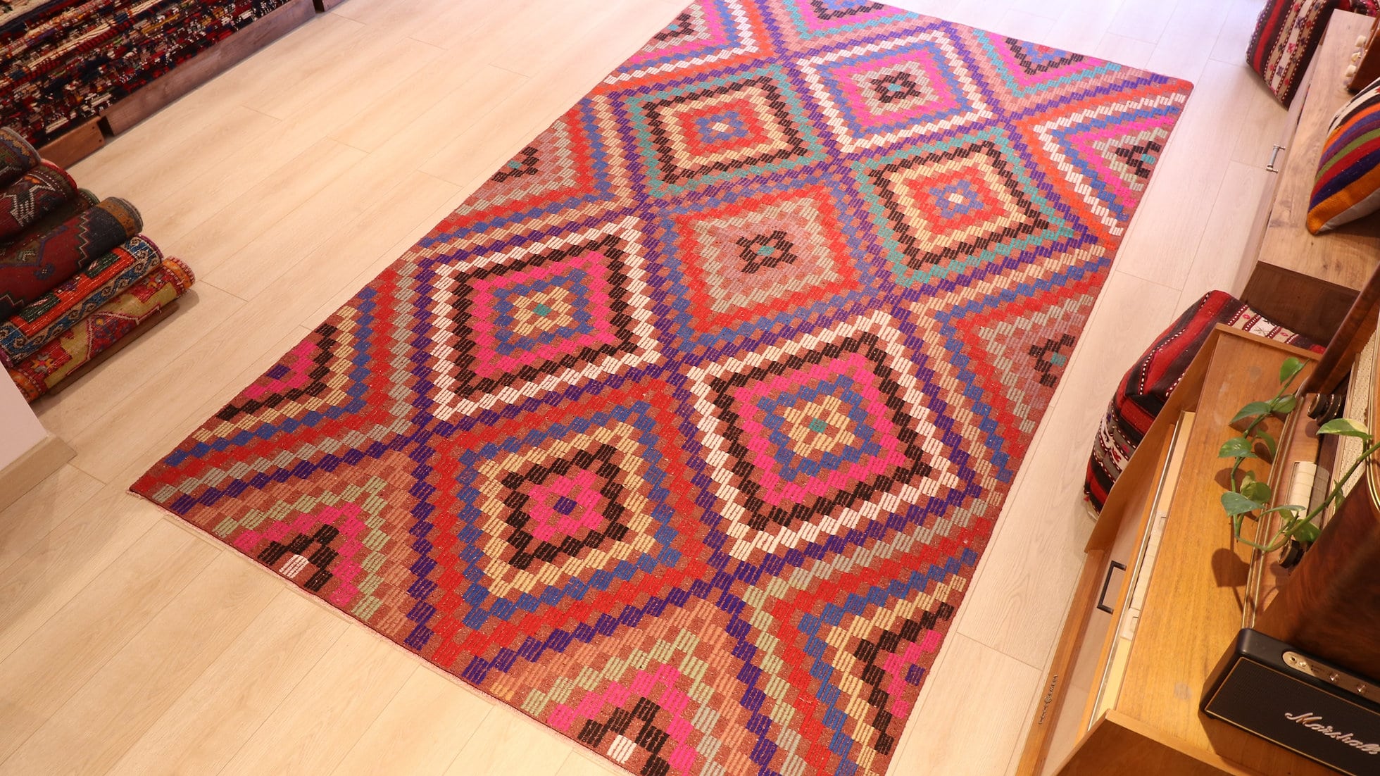 Vintage tribal Kilim rug in pink, blue, purple
