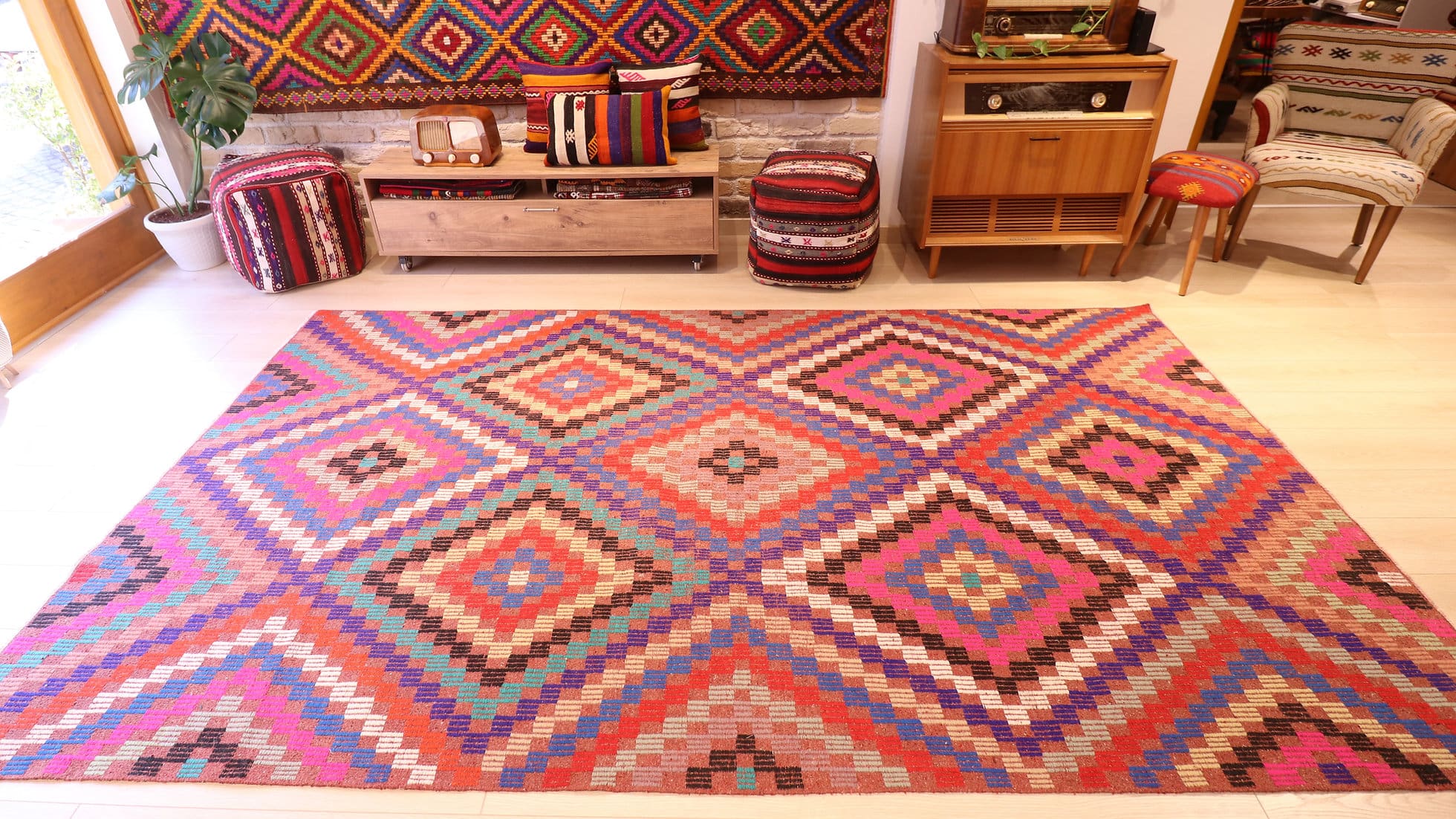 Vintage tribal Kilim rug in pink, blue, purple