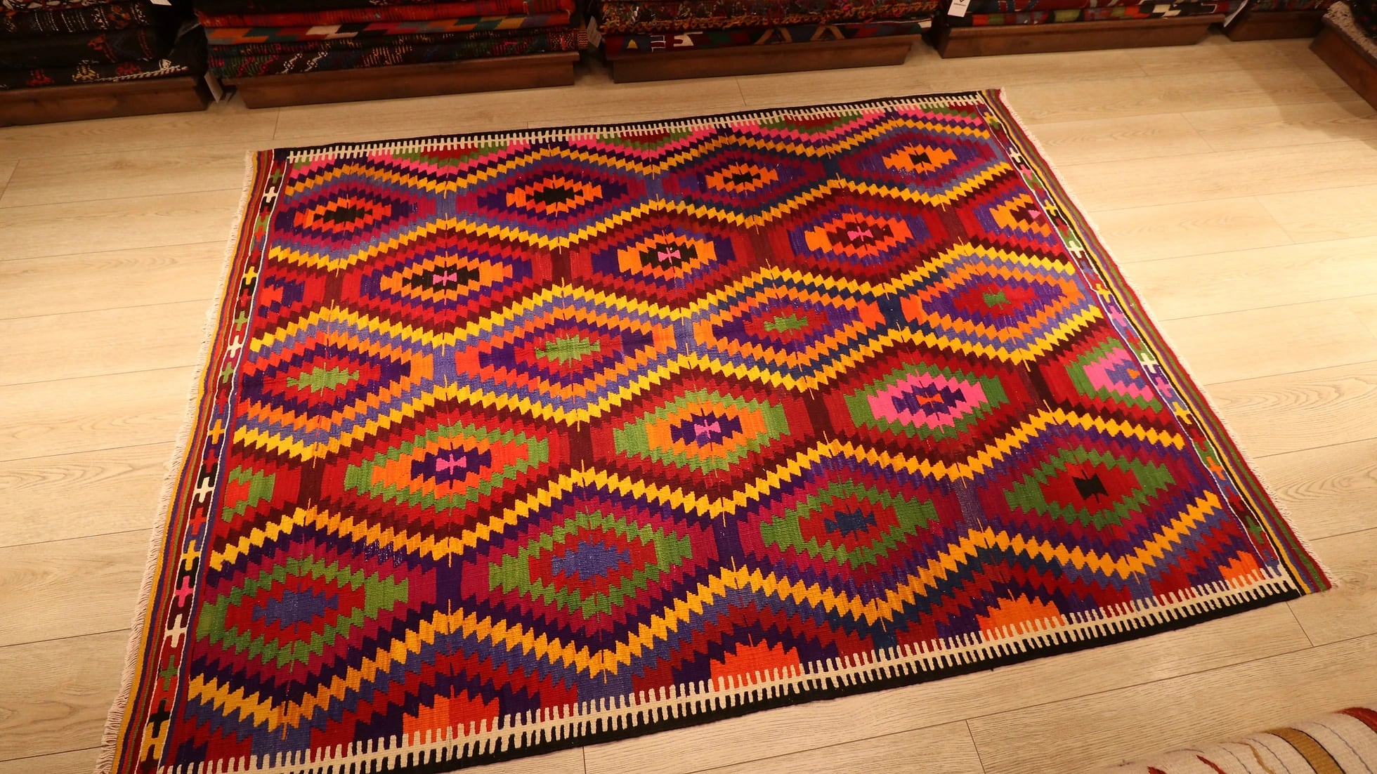 mid-centıury modern flat-woven rug in polychromatic lozenge motifs