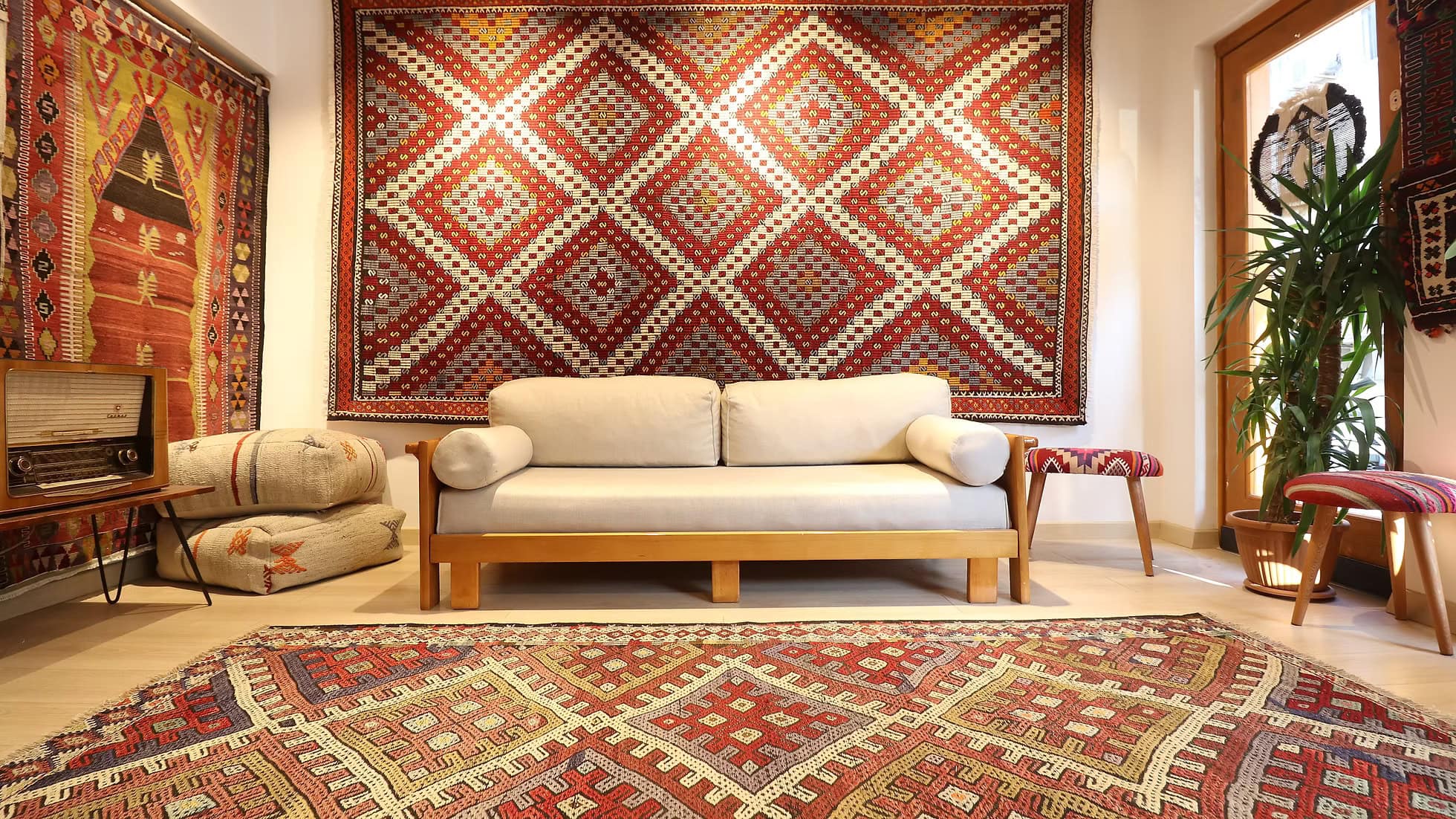 Vintage Turkish Handwoven Rug | Manisa Rustic Cecim Rug in Terracotta / Apricot / Weathered Gray / Sandstone 1960s