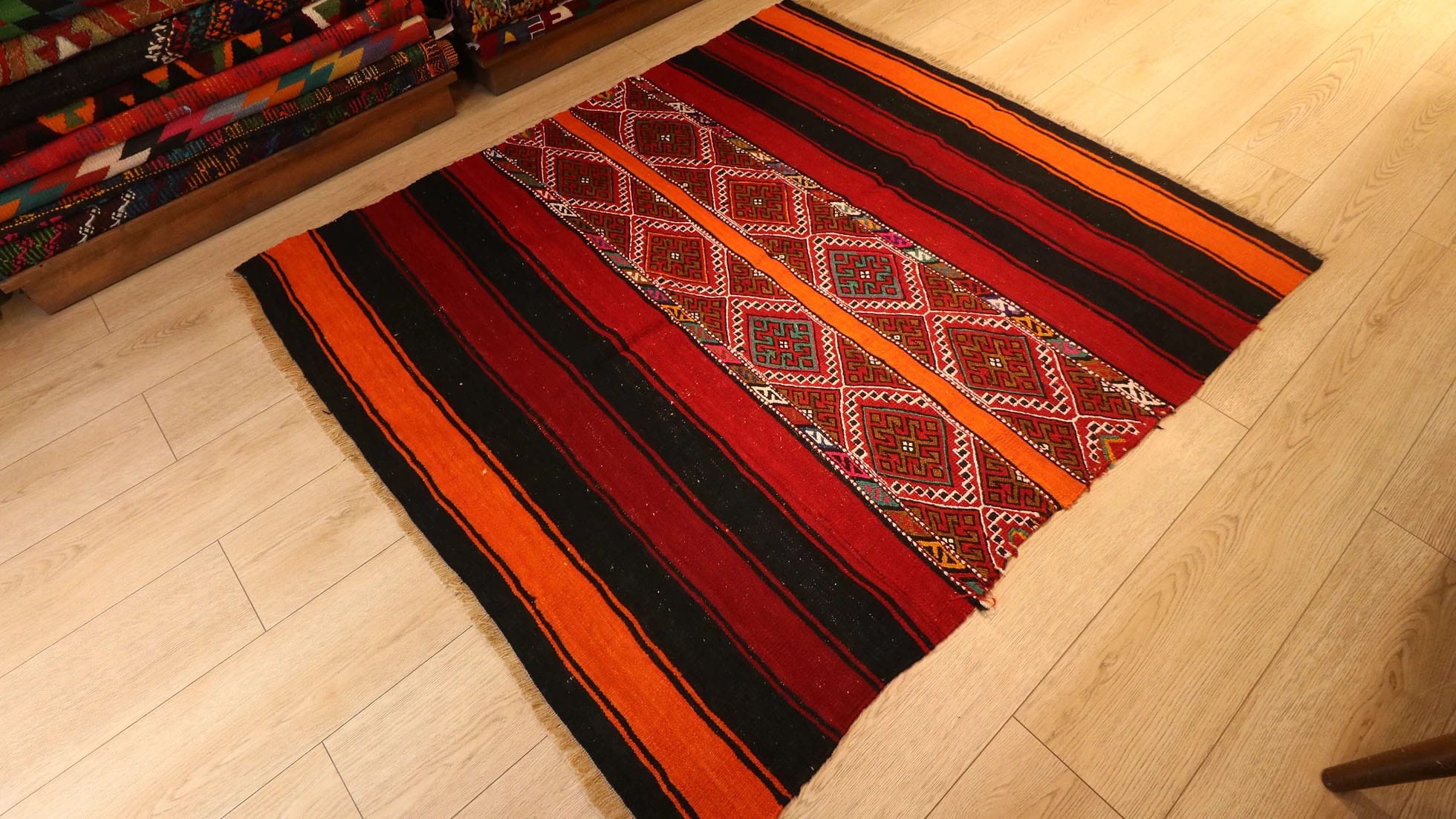 vintage traditional Turkish zili cuval flat rug in tribal motifs and vibrant colors