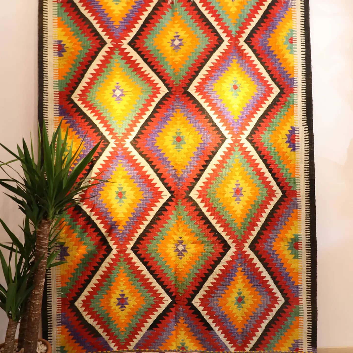 vintage turkish hand-knotted contemporary flat-weave rug in colorful diamond patterns