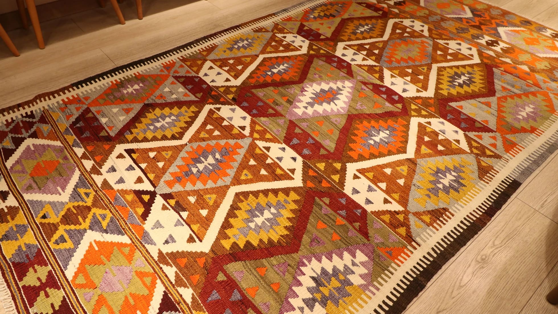 1950s handwoven Turkish flat-weave rug in terracotta, orange, cream, yellow, purple for living room, kitchen, office, dining room, and bedroom