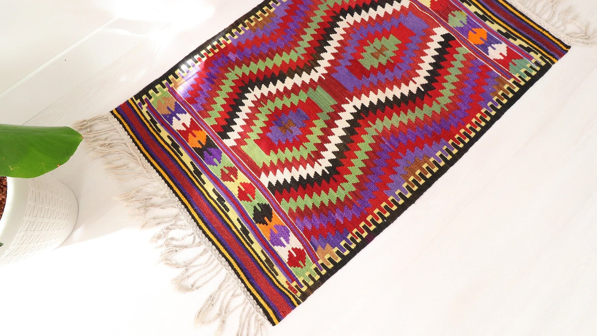 vivid and vibrant small flat-weave area rug from Antalya showcasing colorful and contemporary traditional Anatolian kilim motifs