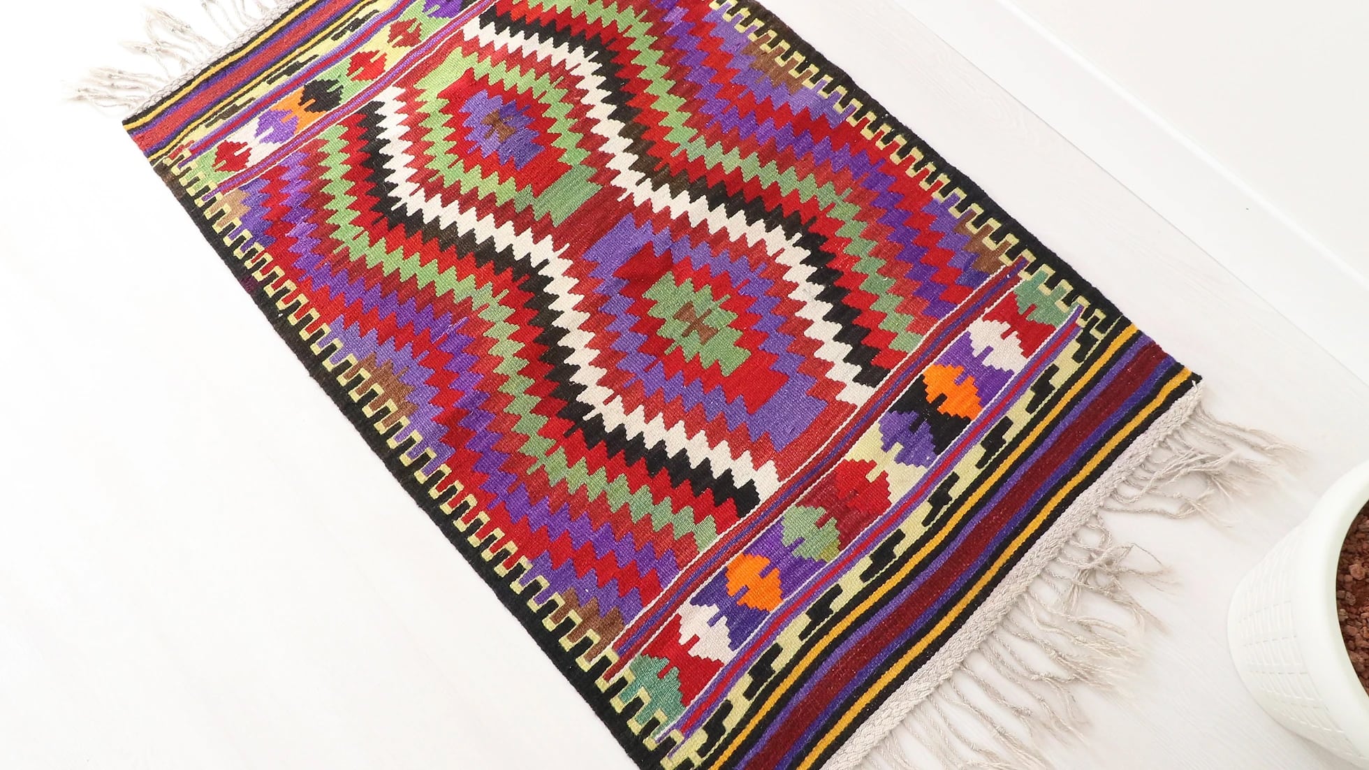 vivid and vibrant small flat-weave area rug from Antalya showcasing colorful and contemporary traditional Anatolian kilim motifs