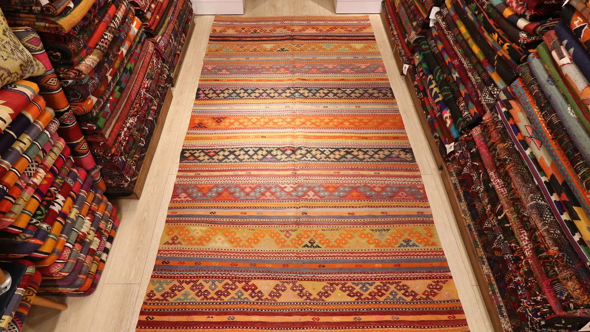 Vintage Handwoven Balikesir Rustic Flat-Weave Rug in Red, Orange, Green