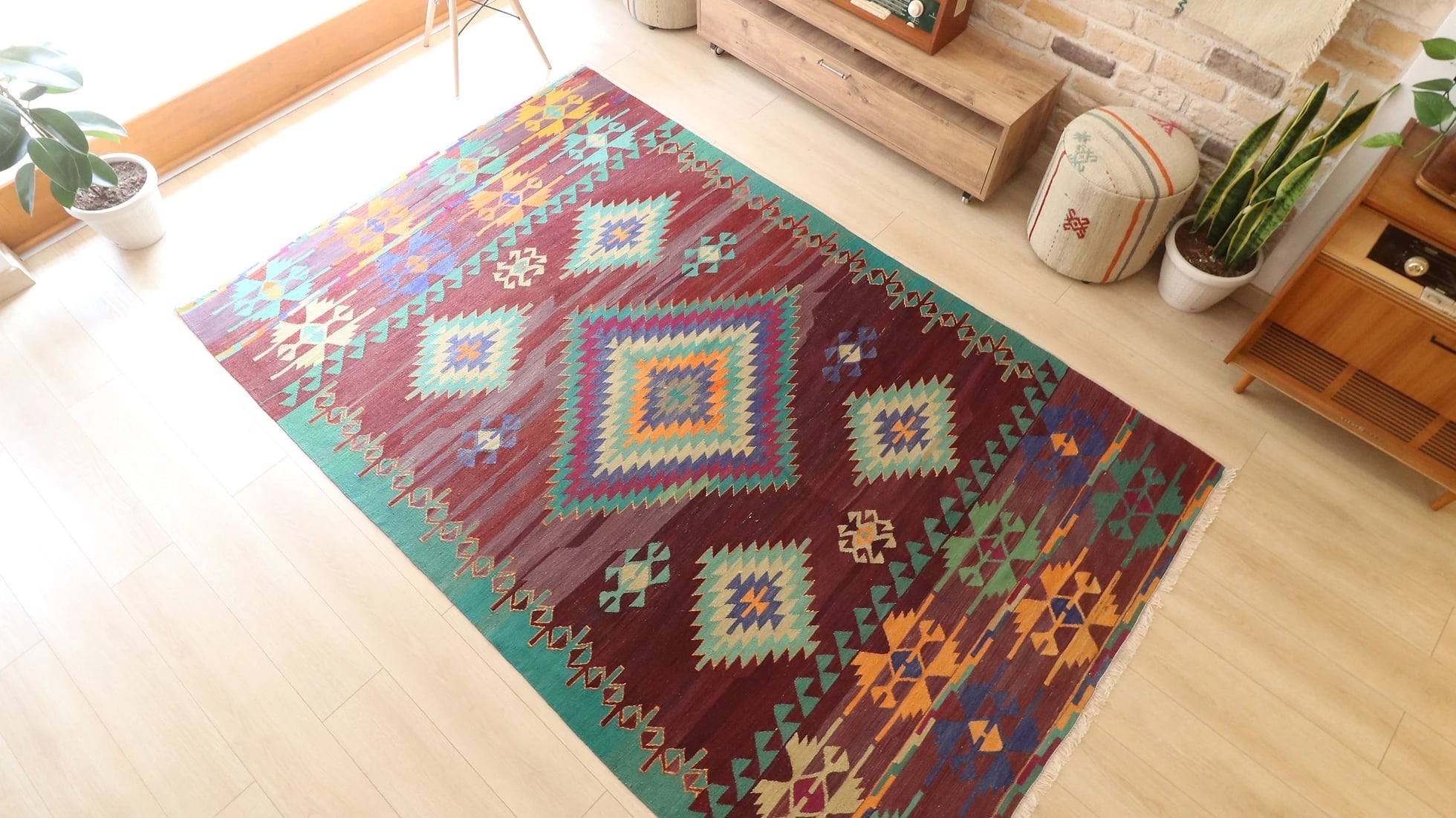 a tribal and traditional contemporary Cal kilim rug in green, blue, orange and red 1960s