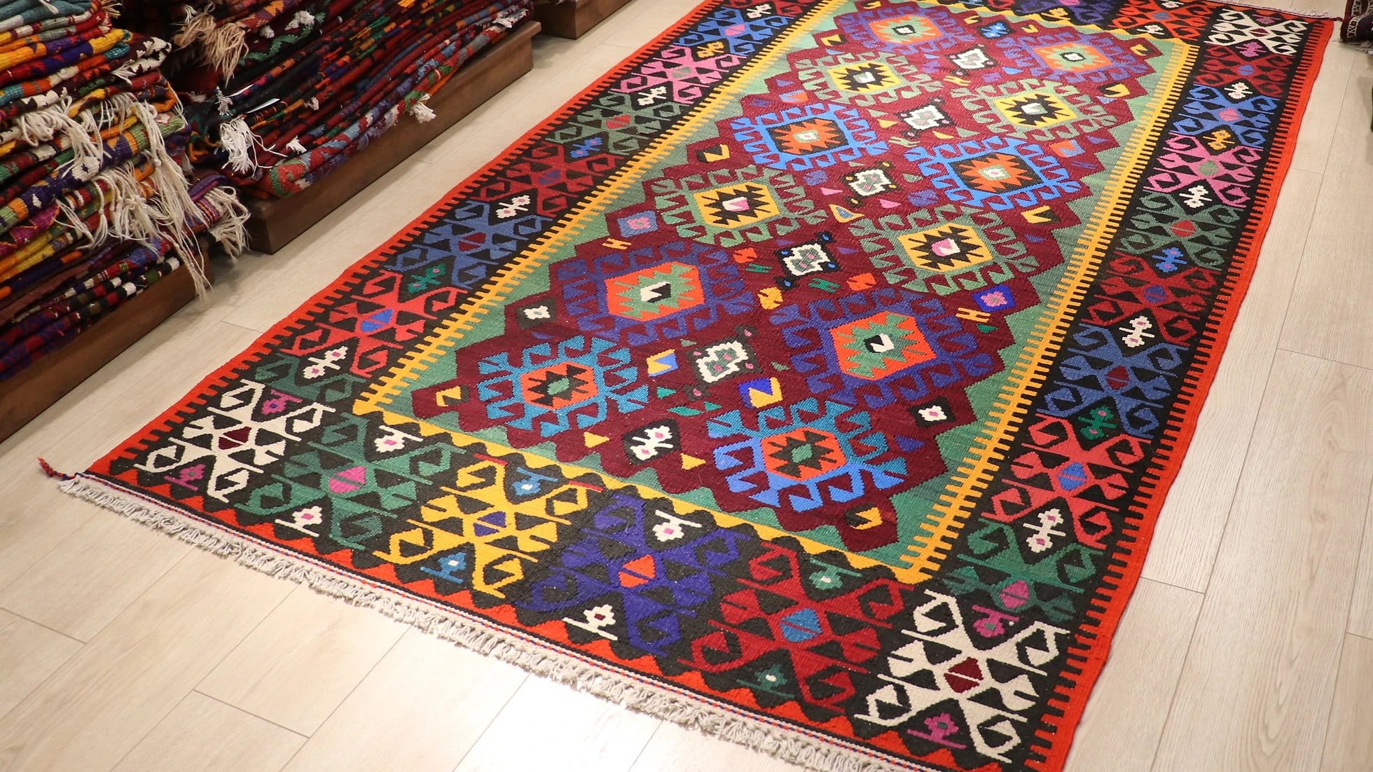 vintage turkish hand-knotted cal tribal kilim in many colors 