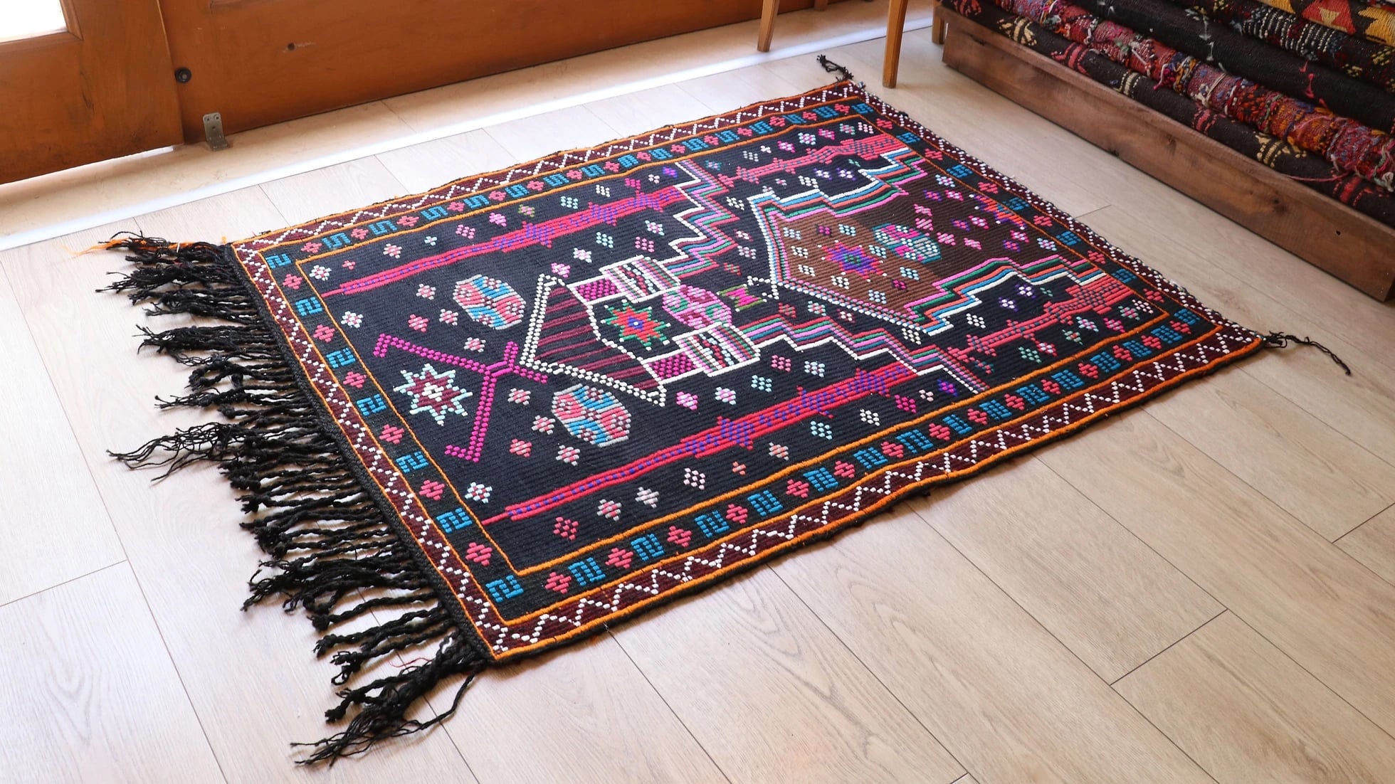 vintage handwoven Cecim Kilim prayer small area rug in gorgeous fuchsia and amethyst colors with black tassels