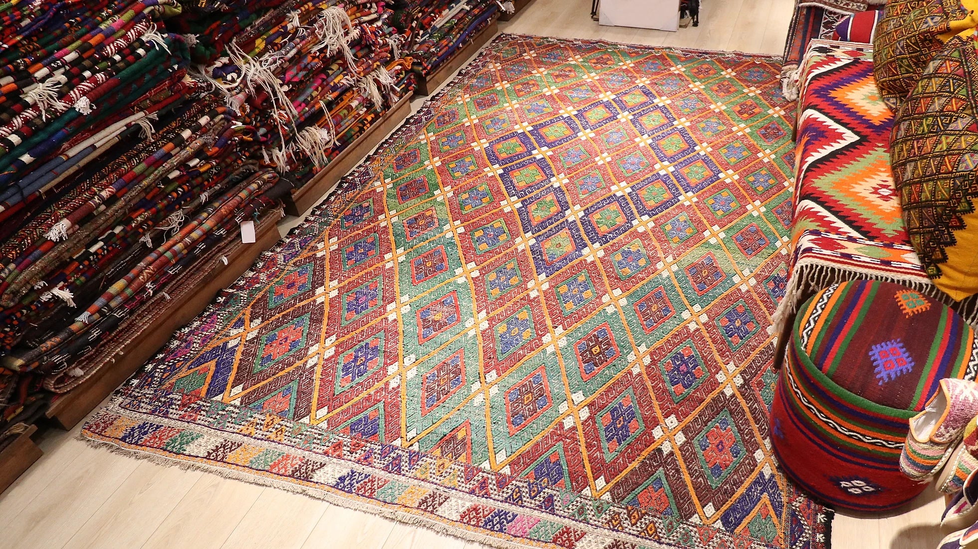 vintage turkish embroidered style Cecim Kilim rug in pastel hues